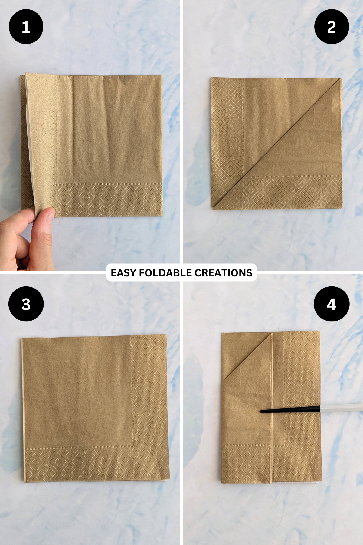 Steps 1 to 4 for folding a diagonal pocket napkin fold.