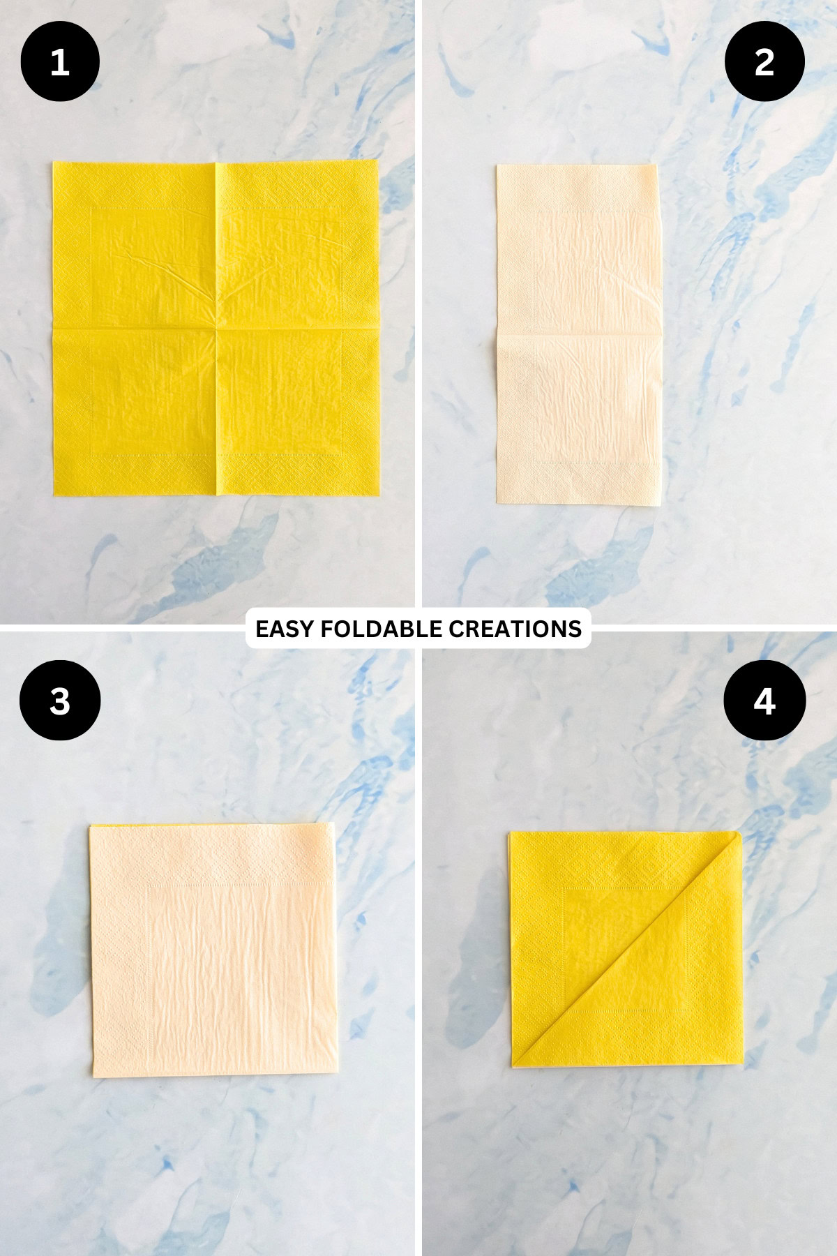 Steps 1 to 4 for folding a diamond pouch napkin fold.