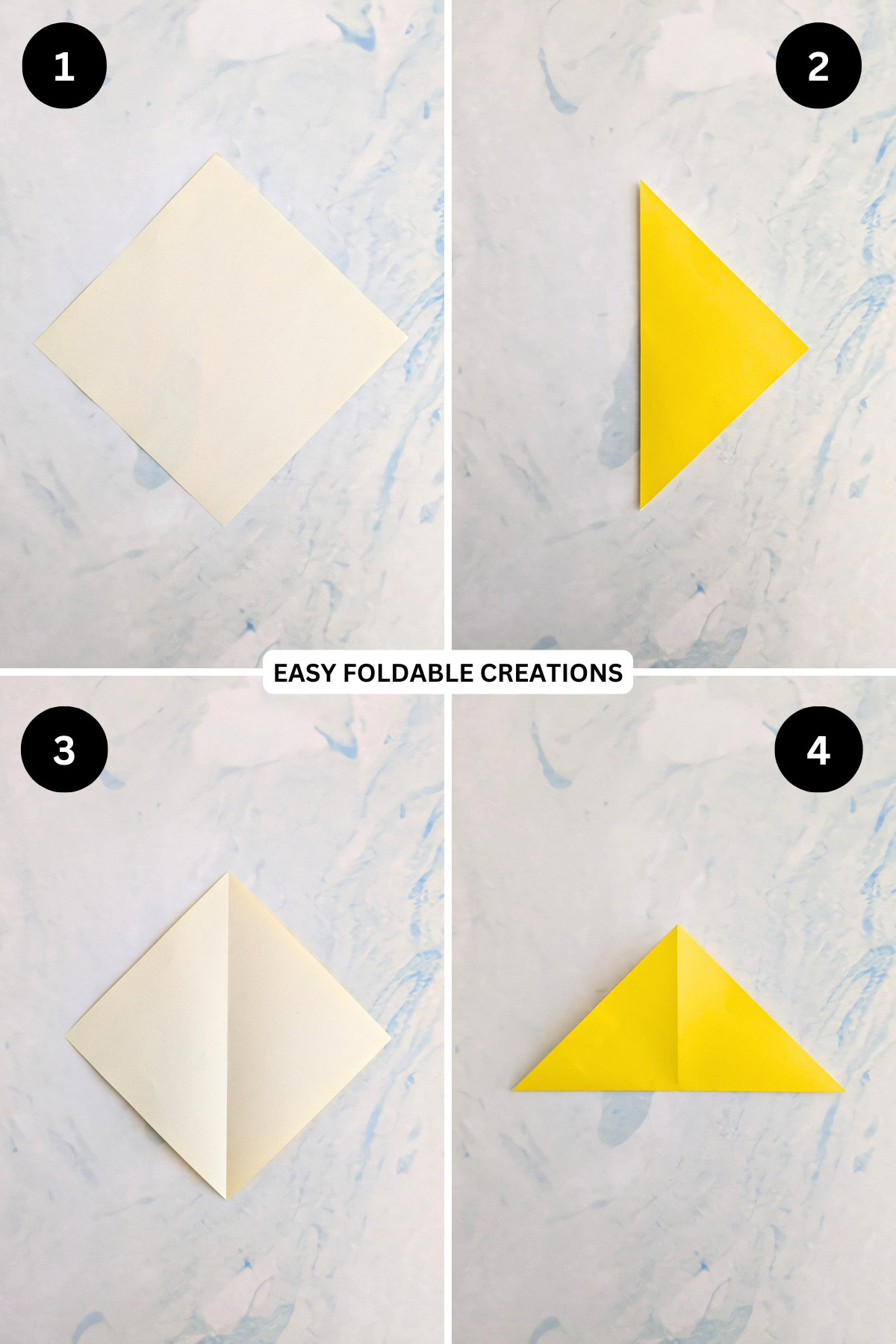 Steps 1 to 4 for folding an origami chicken.
