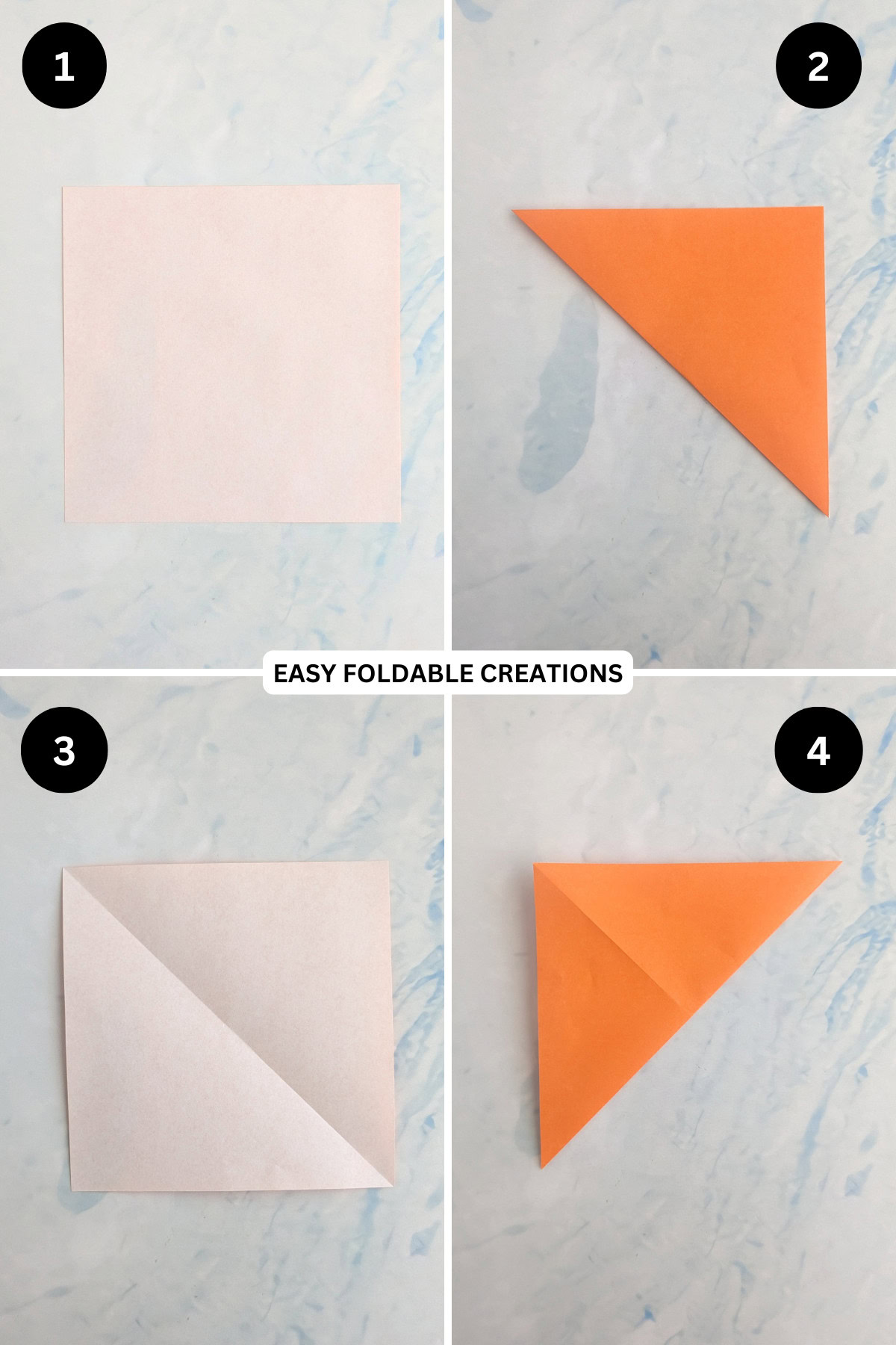 Steps 1 to 4 for folding an origami ghost in pumpkin.
