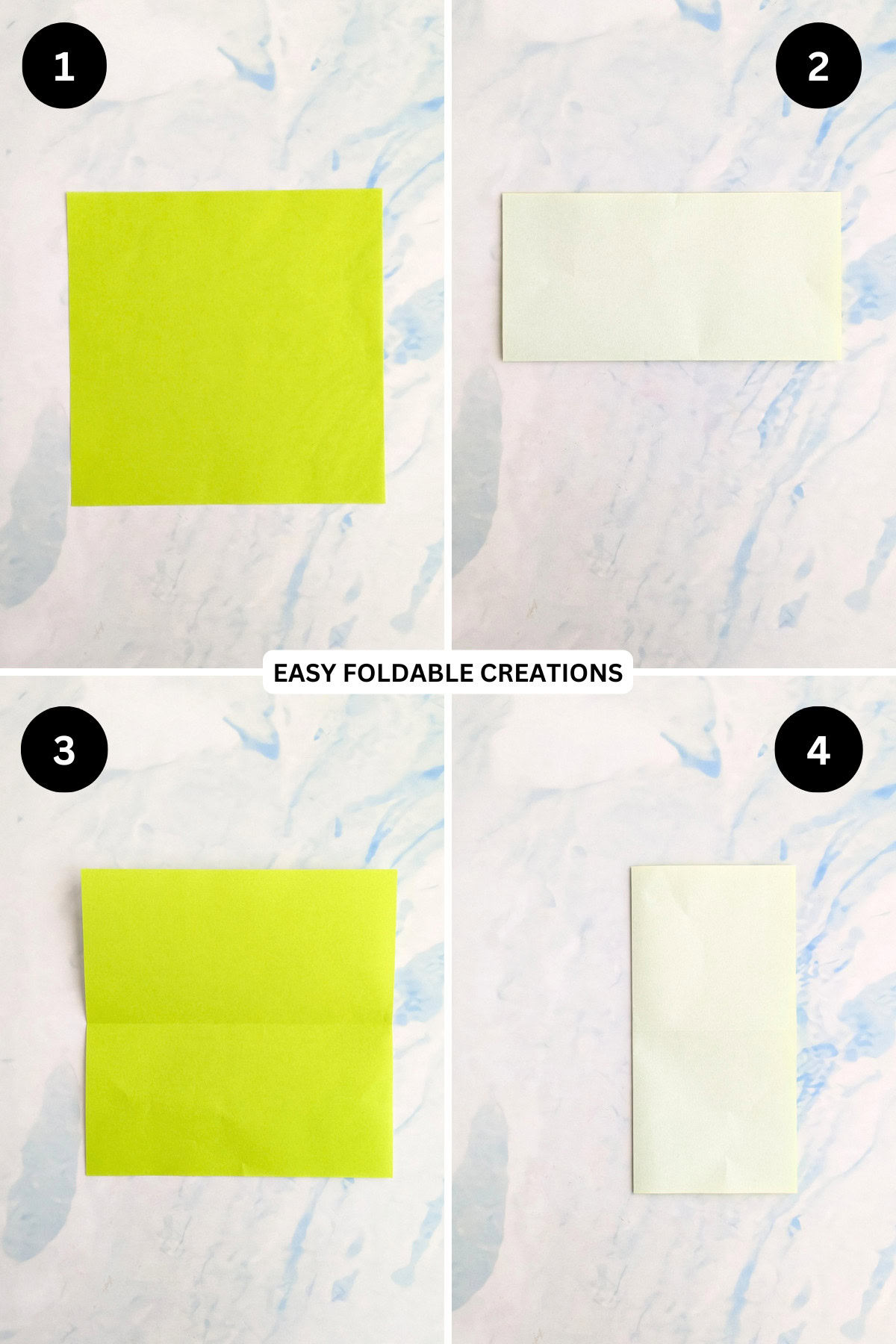 Steps 1 to 4 for folding a pleated DIY paper gift bag.