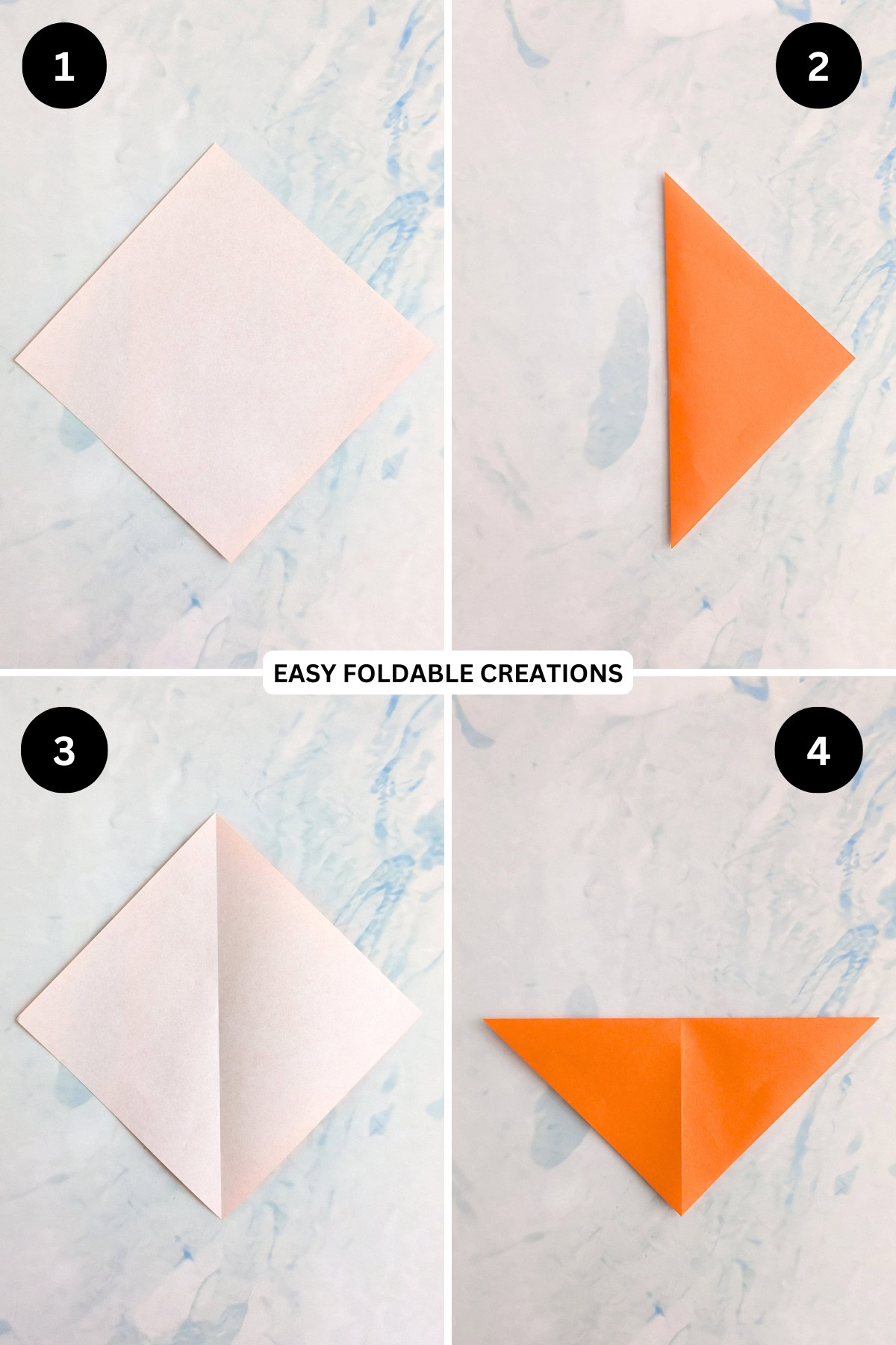 Steps 1 to 4 for folding a rabbit ear fold.