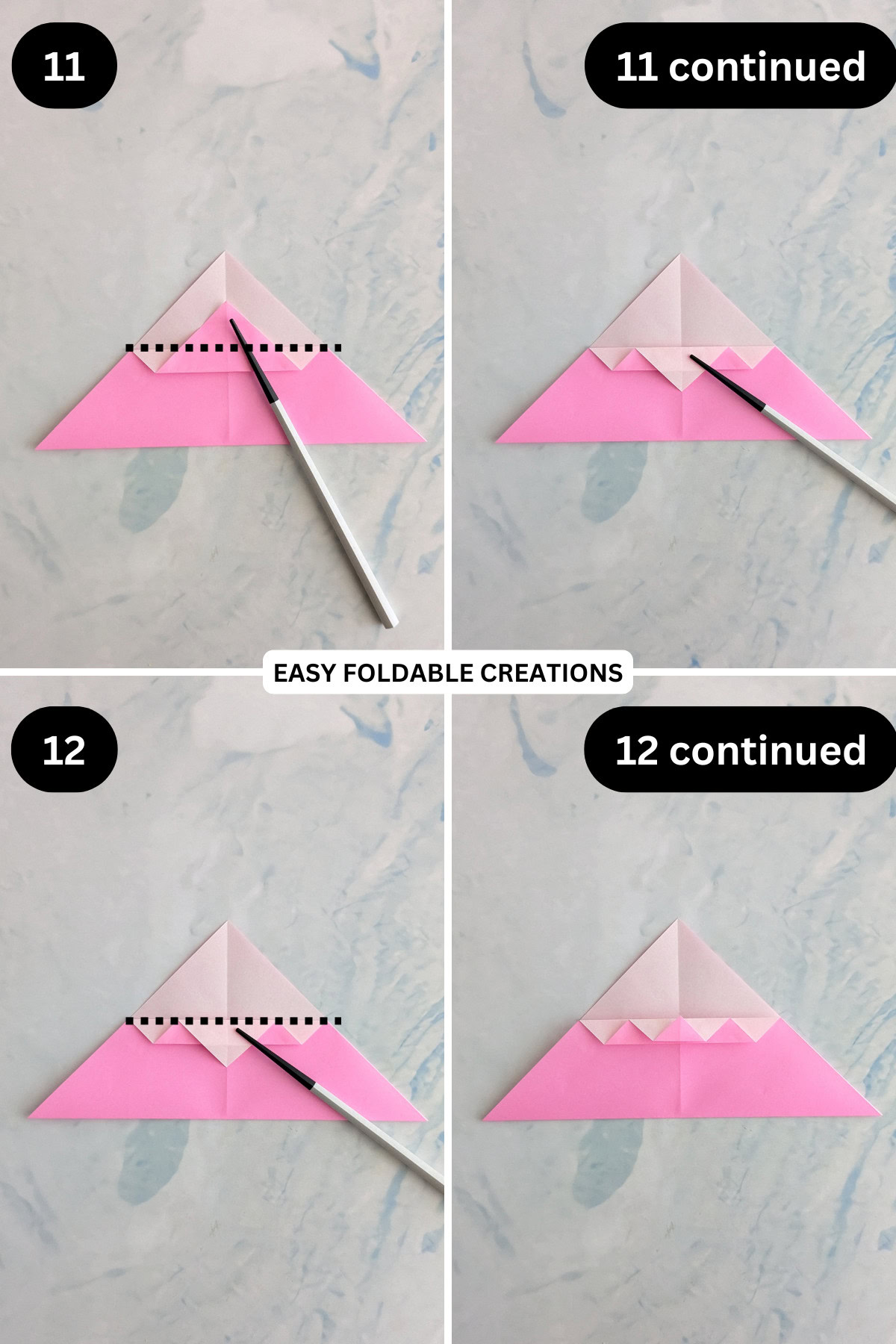 Steps 11 to 12 for folding an origami chicken in egg.