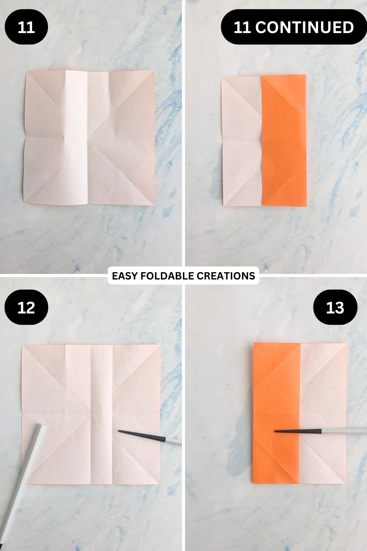 Steps 11 to 13 for folding an origami ghost in pumpkin.