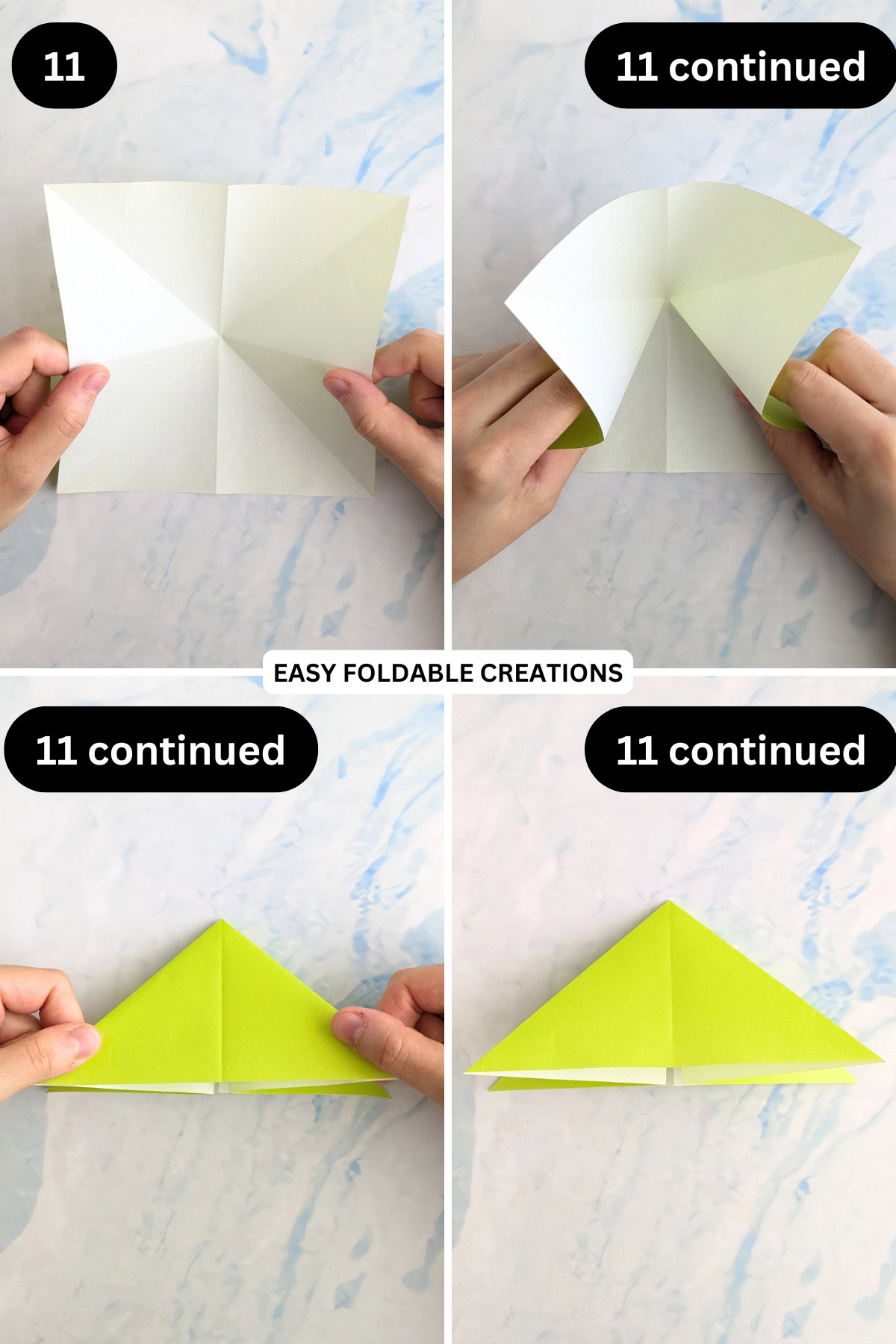 Step 11 for folding a pleated DIY paper gift bag.