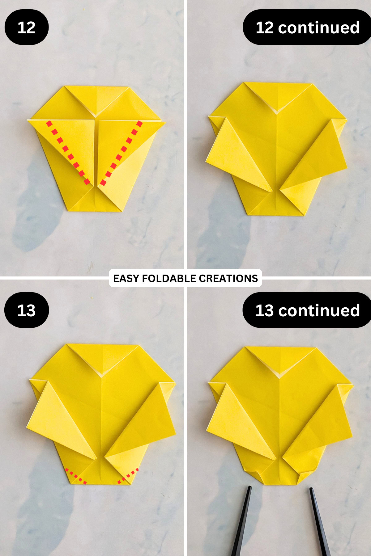 Steps 12 to 13 for folding an origami chicken.