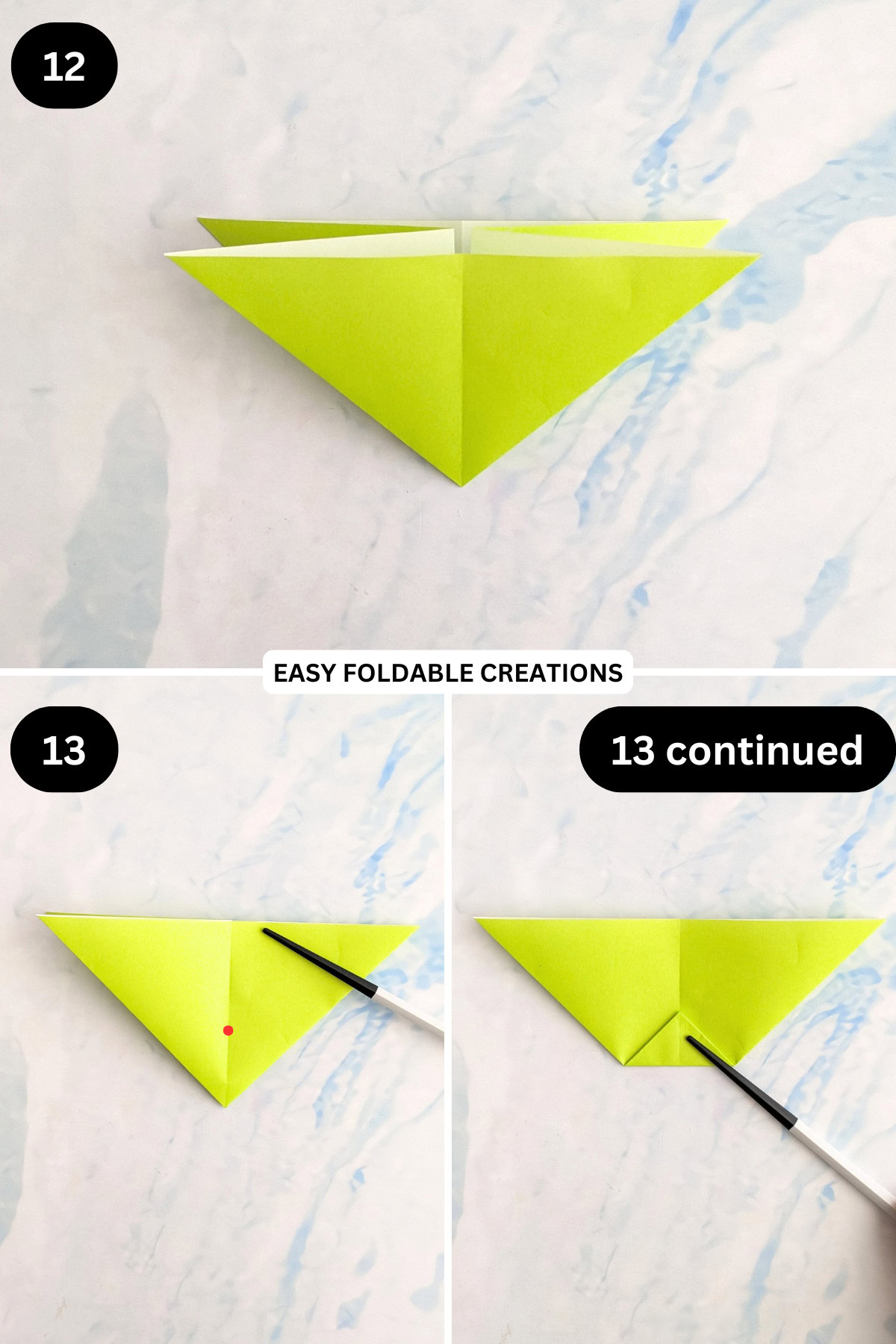 Steps 12 to 13 for folding a pleated DIY paper gift bag.