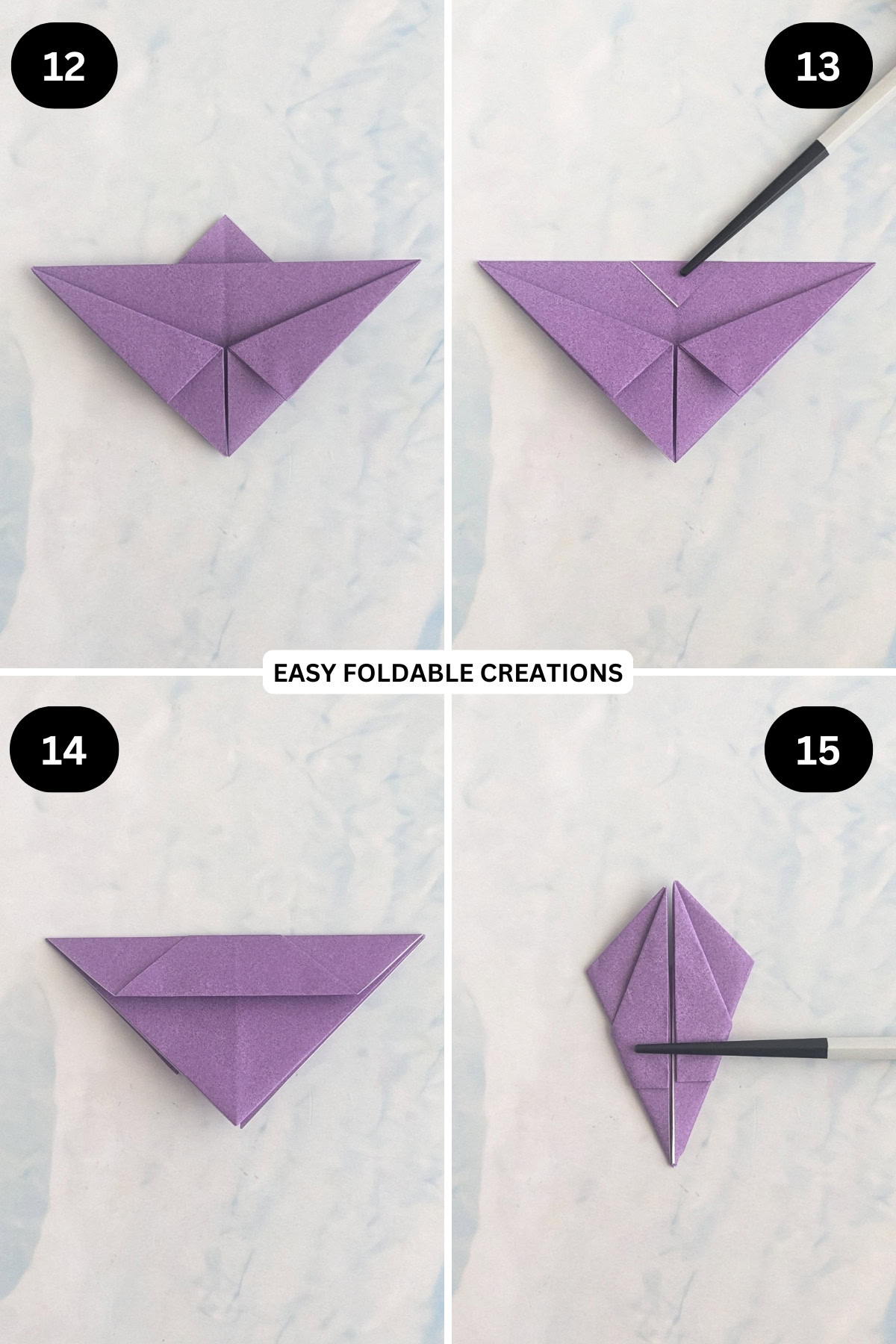 Steps 12 to 15 for folding an origami bat.