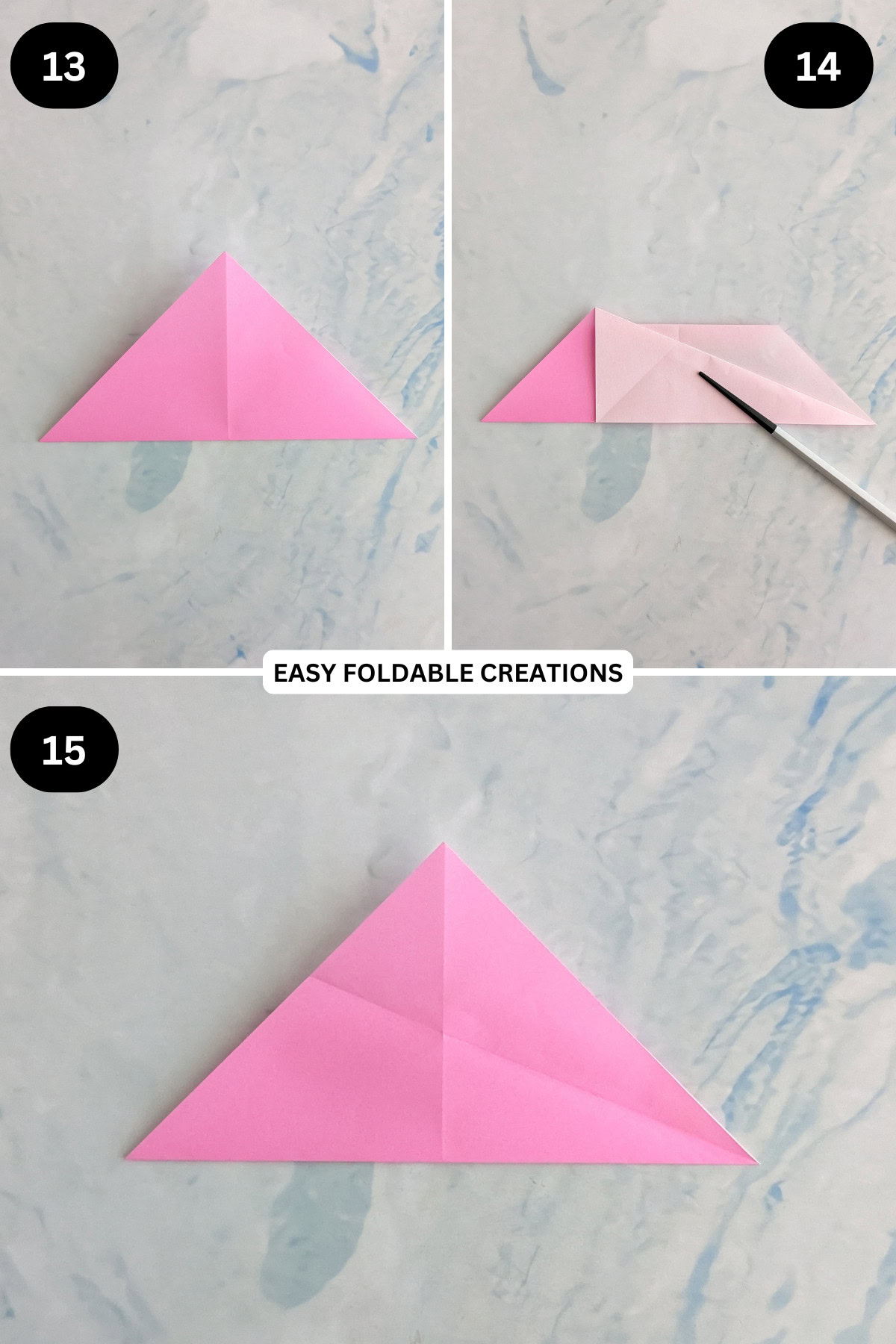 Steps 13 to 15 for folding an origami chicken in egg.