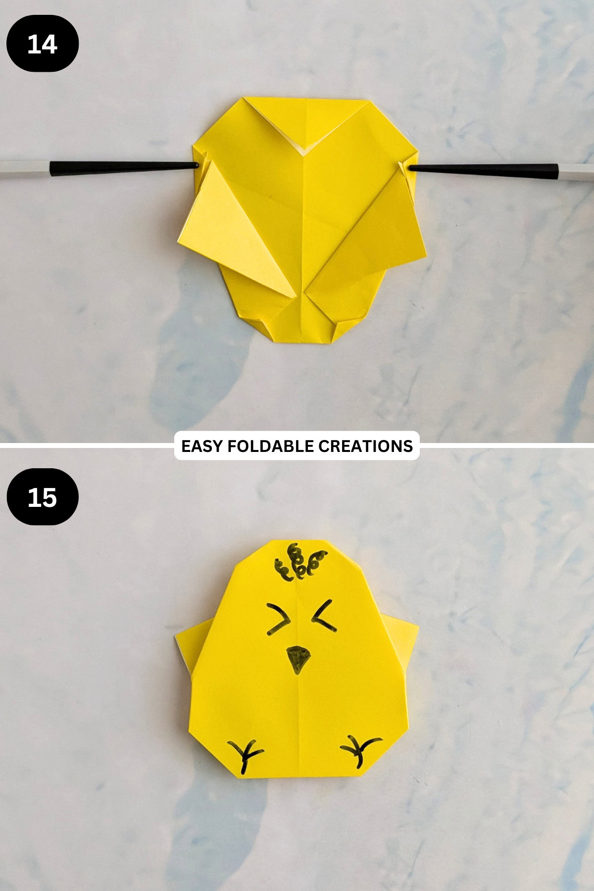 Steps 14 to 15 for folding an origami chicken.