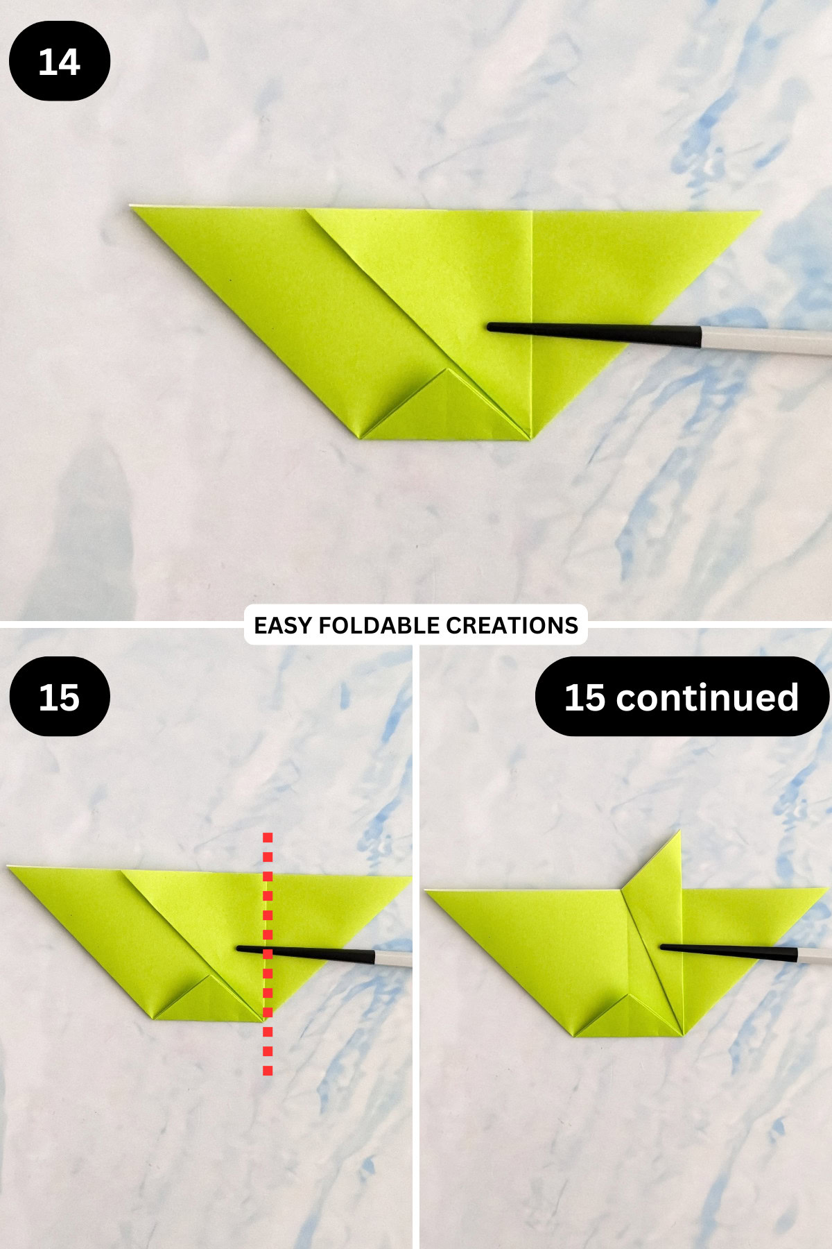 Steps 14 to 15 for folding a pleated DIY paper gift bag.