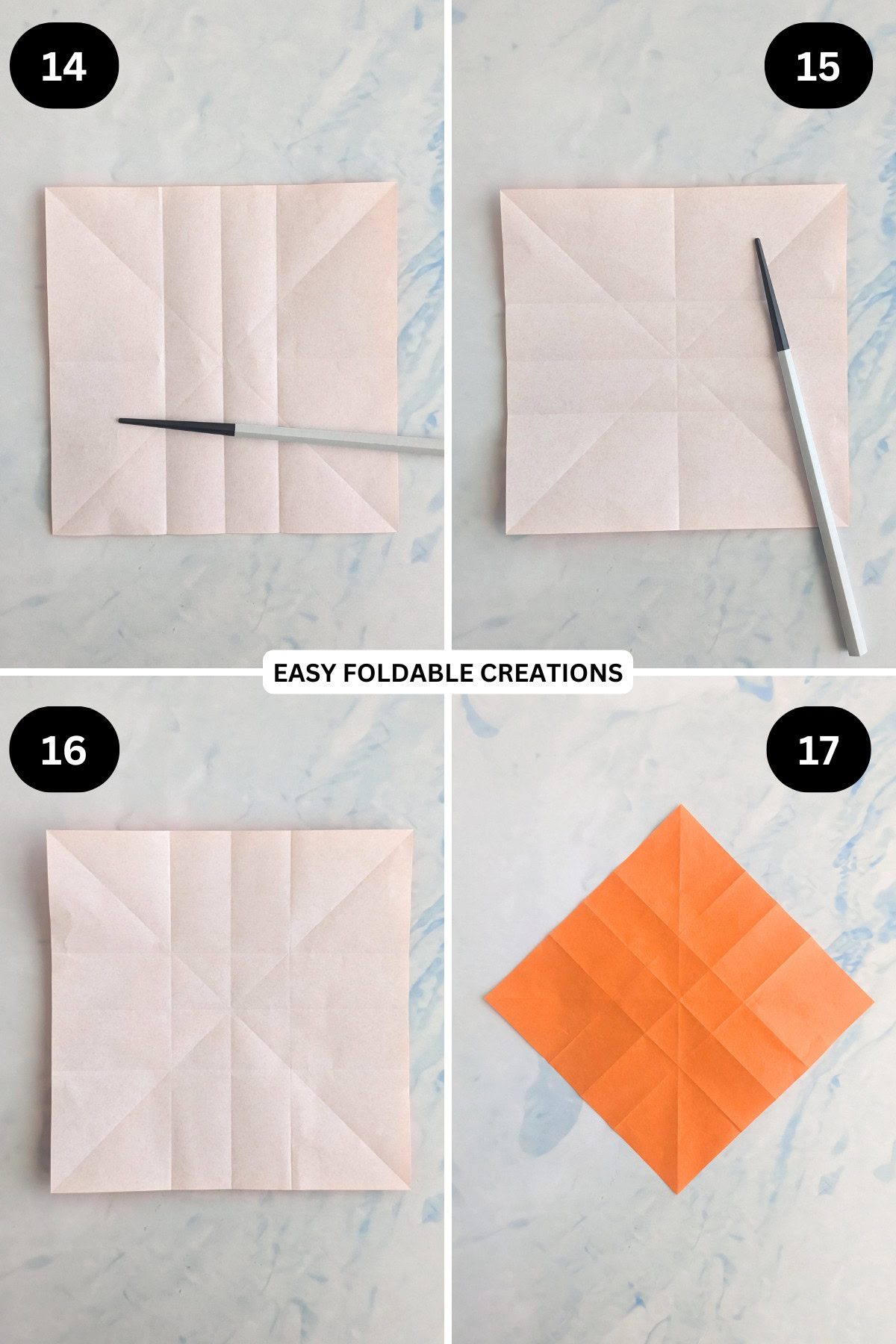 Steps 14 to 17 for folding an origami ghost in pumpkin.