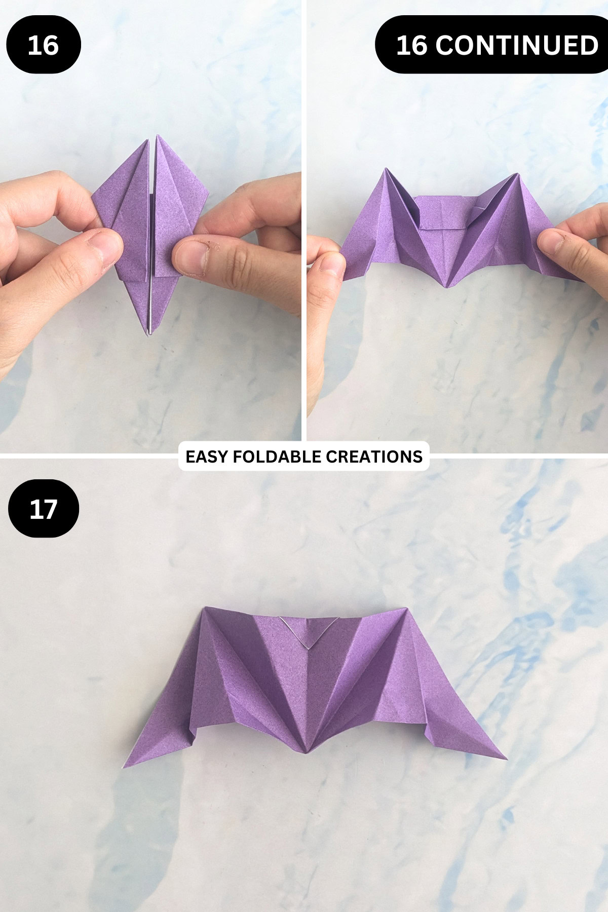 Steps 16 to 17 for folding an origami bat.