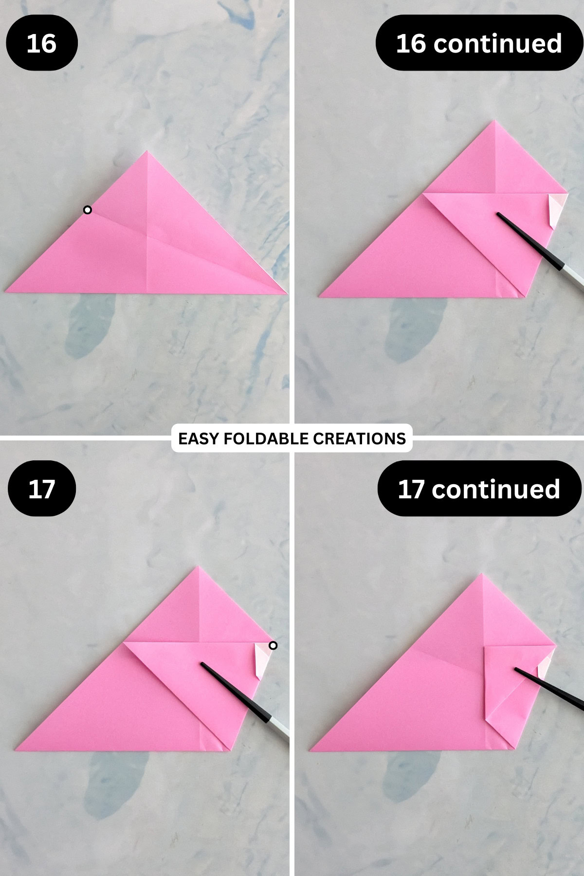 Steps 16 to 17 for folding an origami chicken in egg.