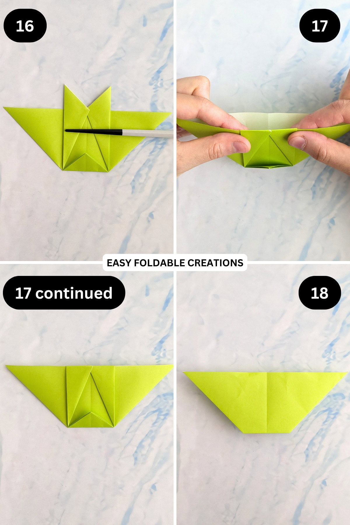 Steps 16 to 18 for folding a pleated DIY paper gift bag.