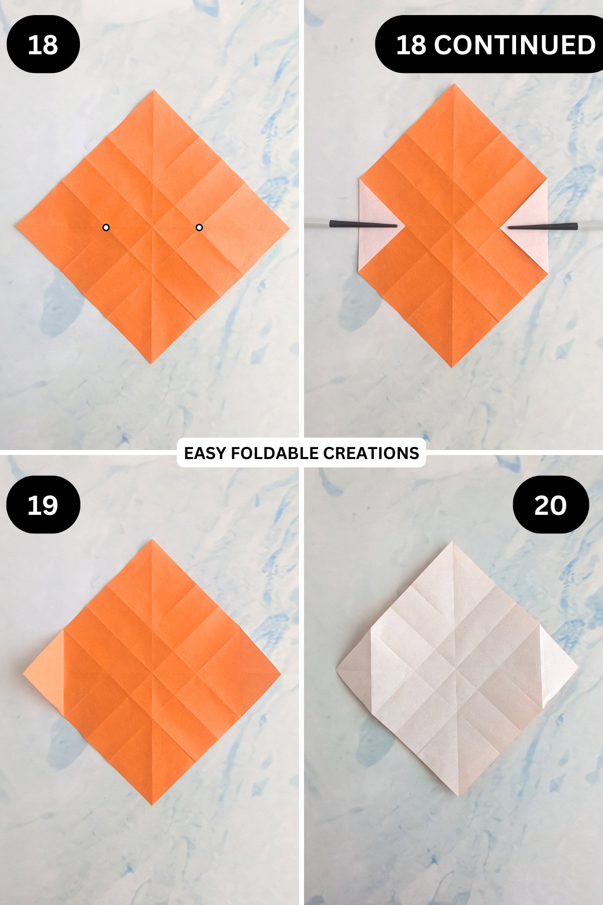 Steps 18 to 20 for folding an origami ghost in pumpkin.