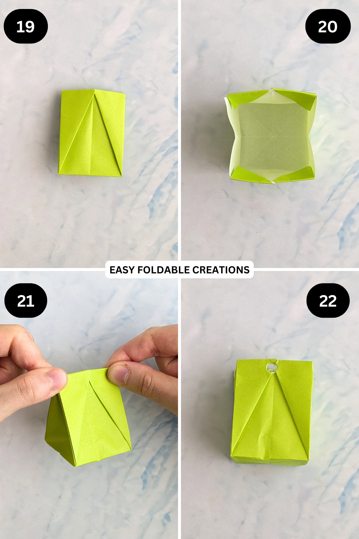 Steps 19 to 22 for folding a pleated DIY paper gift bag.
