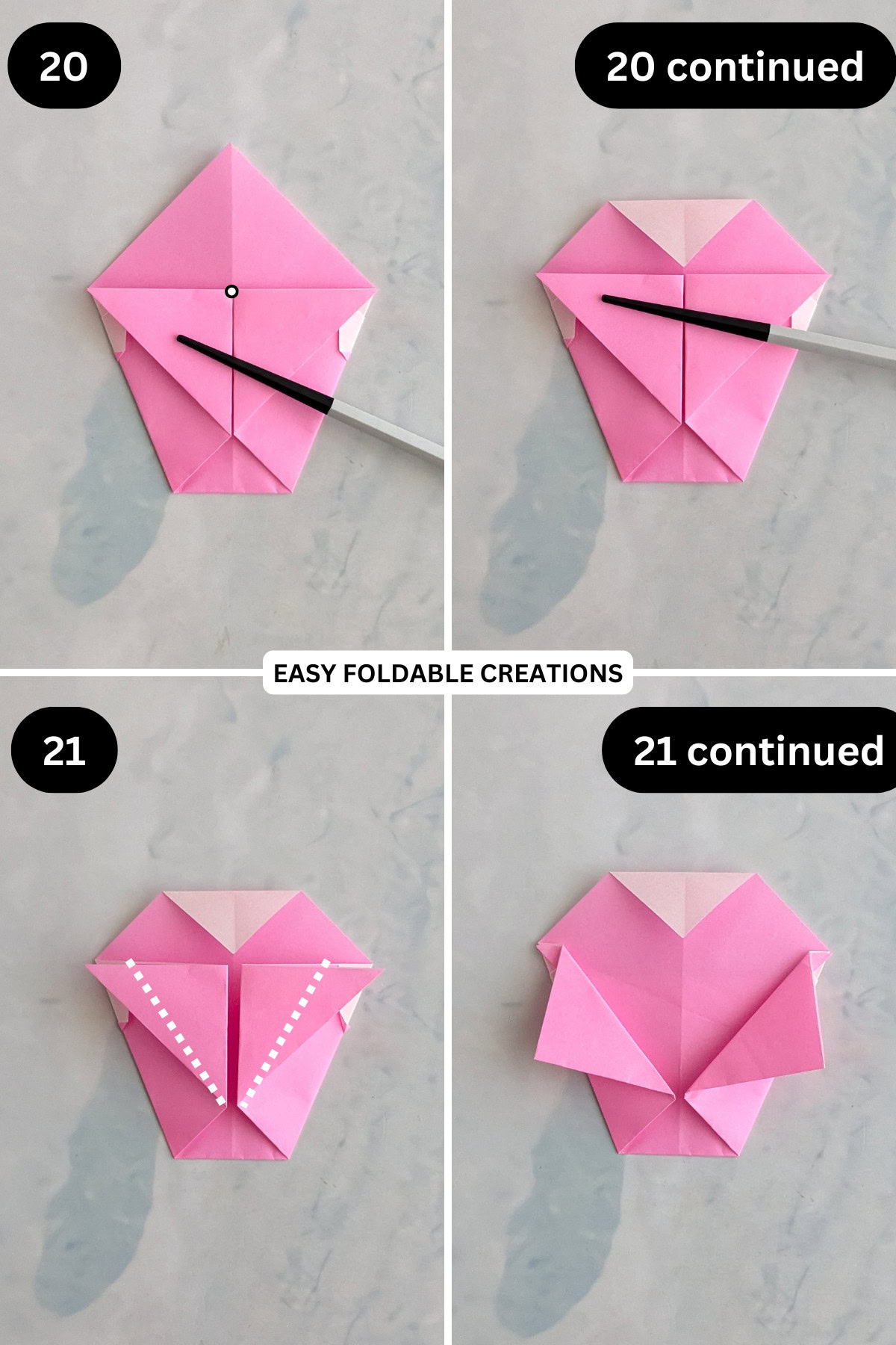 Steps 20 to 21 for folding an origami chicken in egg.