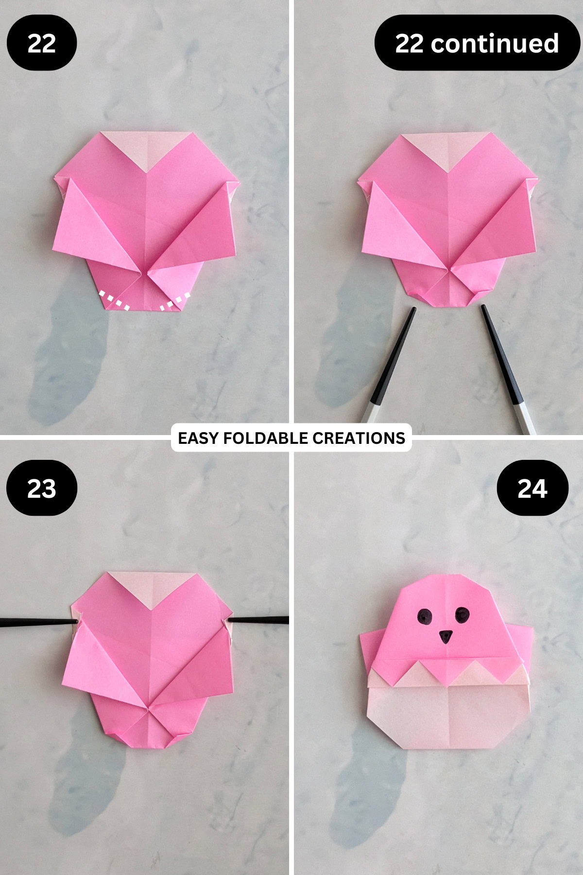 Steps 22 to 24 for folding an origami chicken in egg.