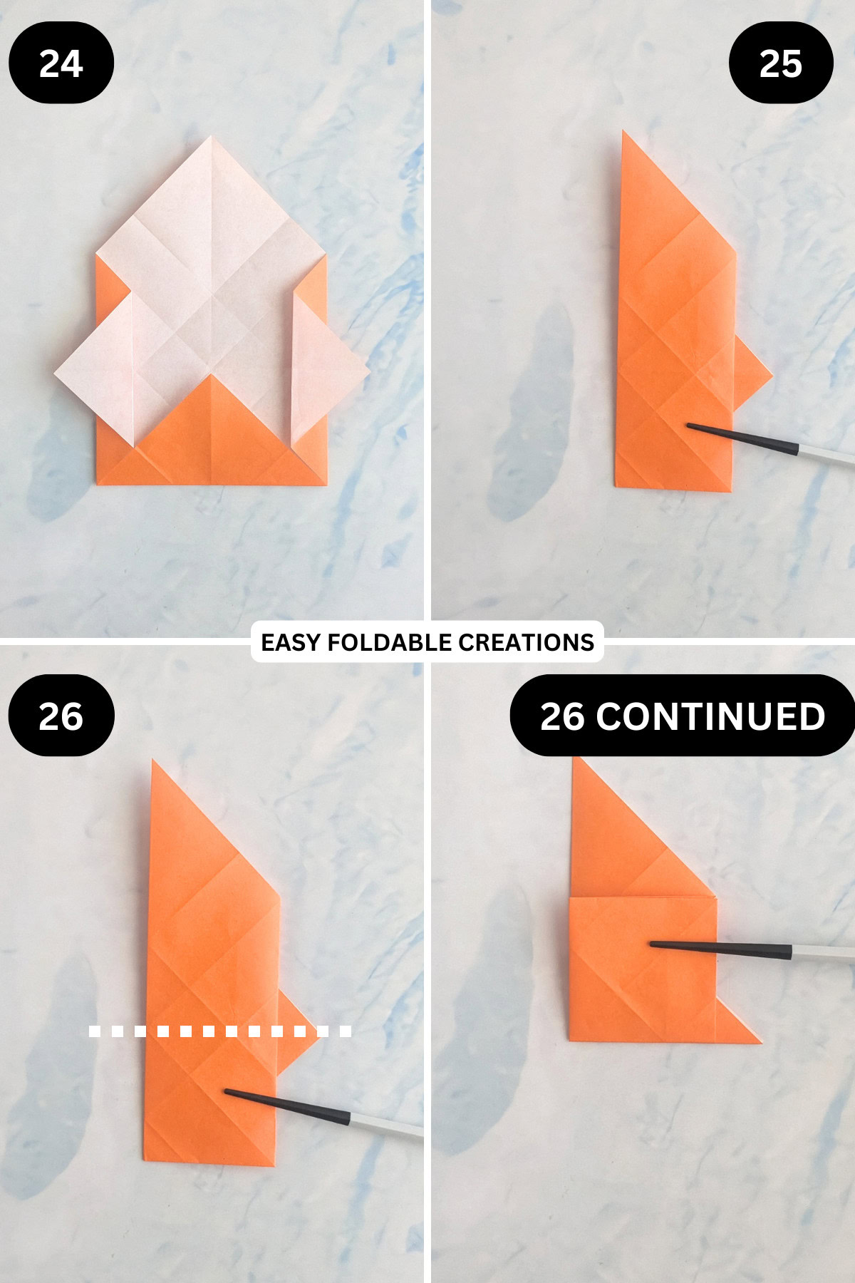 Steps 24 to 26 for folding an origami ghost in pumpkin.