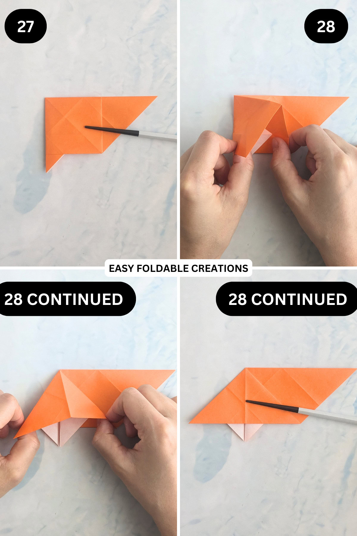 Steps 27 to 28 for folding an origami ghost in pumpkin.