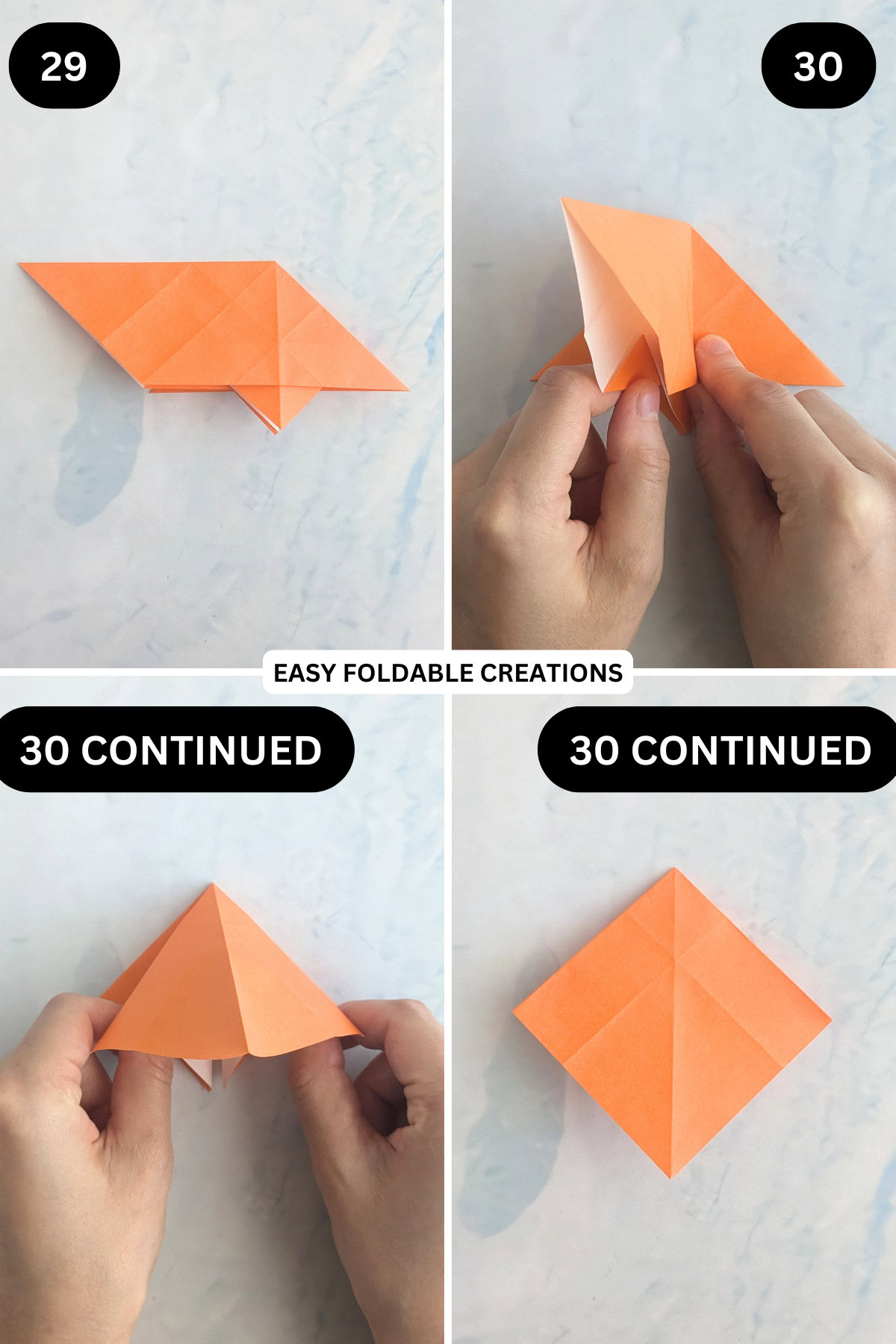 Steps 29 to 30 for folding an origami ghost in pumpkin.