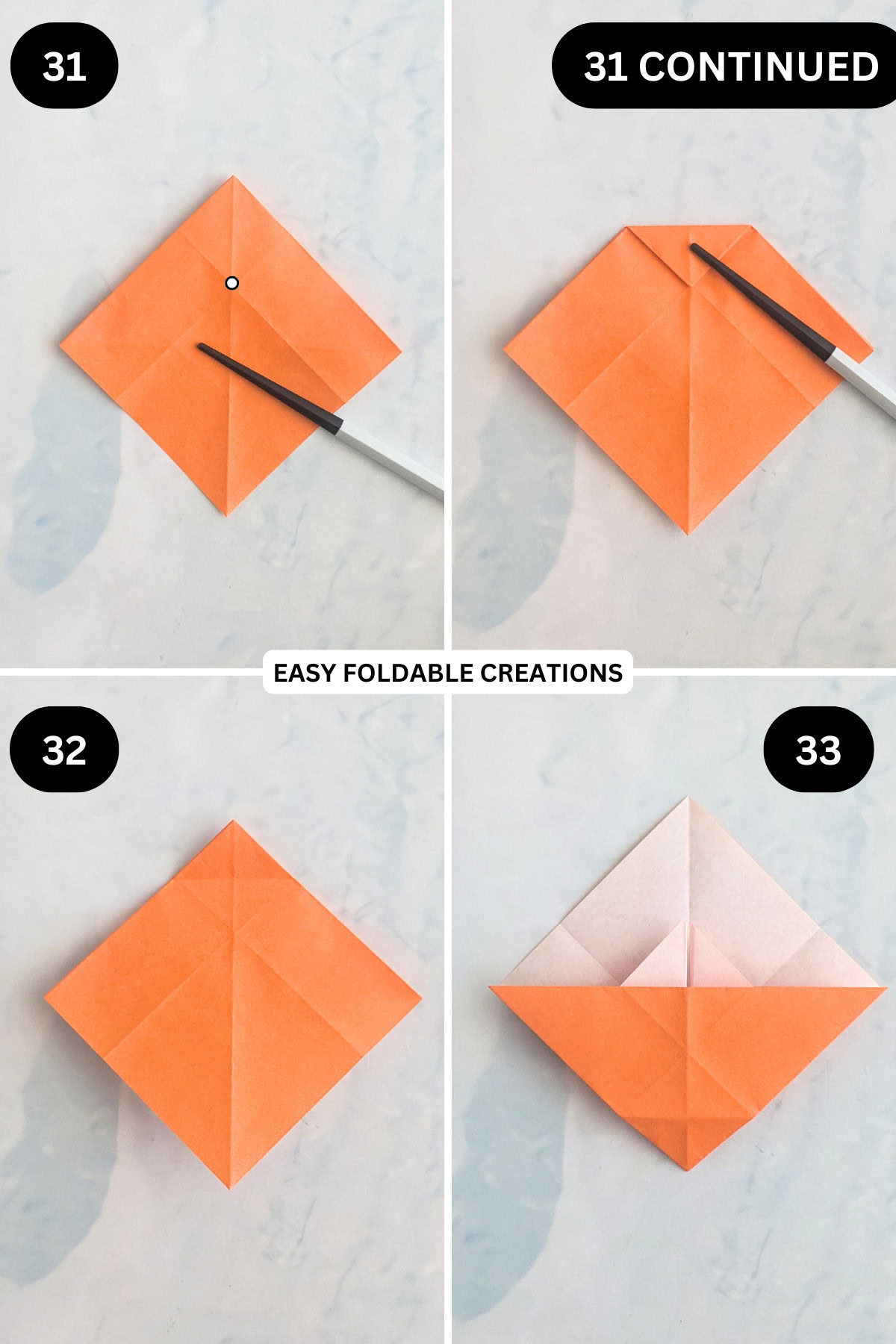 Steps 31 to 33 for folding an origami ghost in pumpkin.