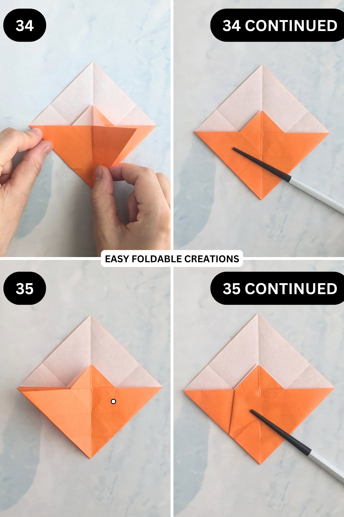 Steps 34 to 35 for folding an origami ghost in pumpkin.