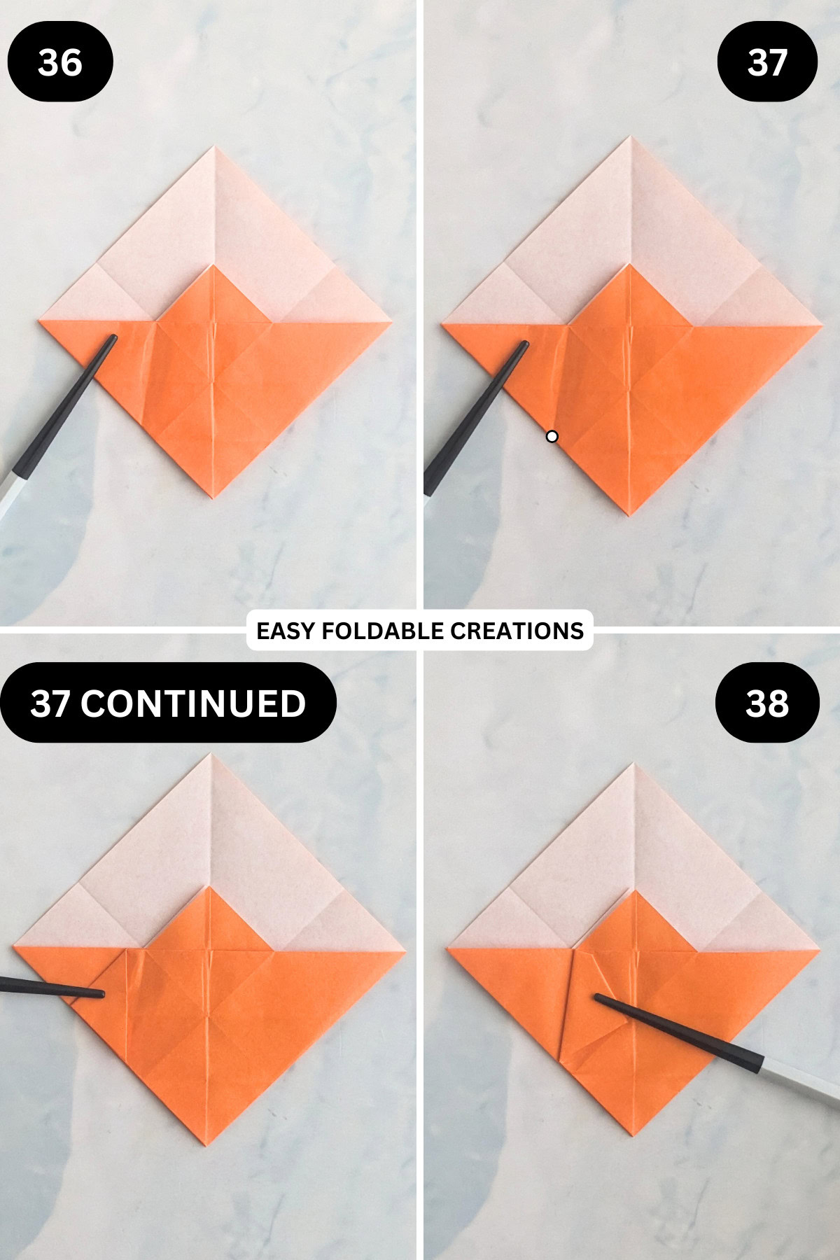 Steps 36 to 38 for folding an origami ghost in pumpkin.