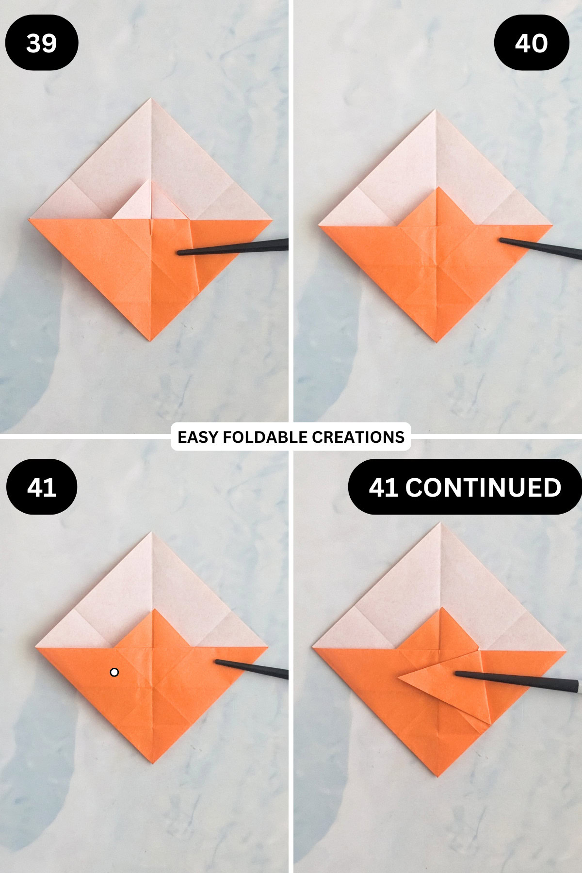 Steps 39 to 41 for folding an origami ghost in pumpkin.