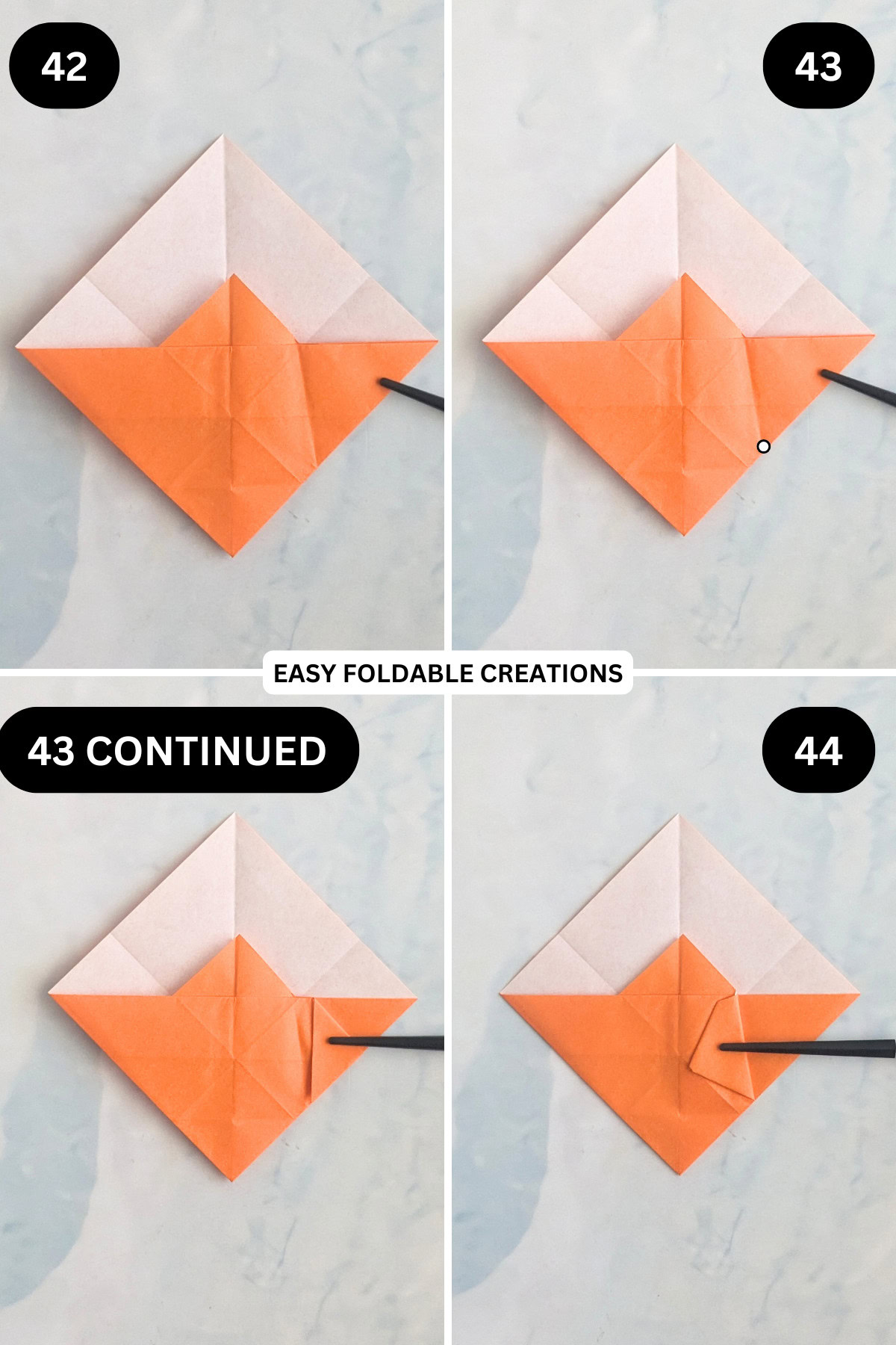 Steps 42 to 44 for folding an origami ghost in pumpkin.