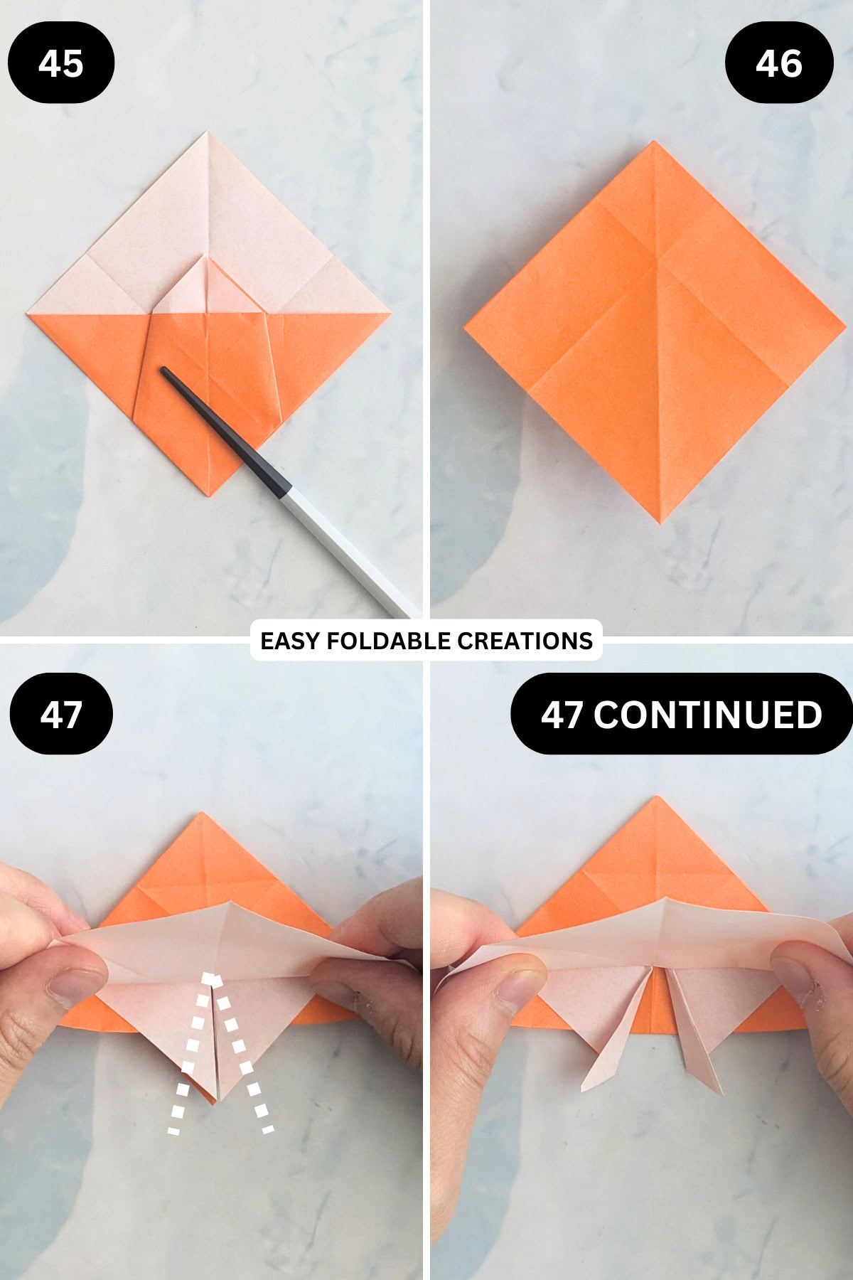 Steps 45 to 47 for folding an origami ghost in pumpkin.