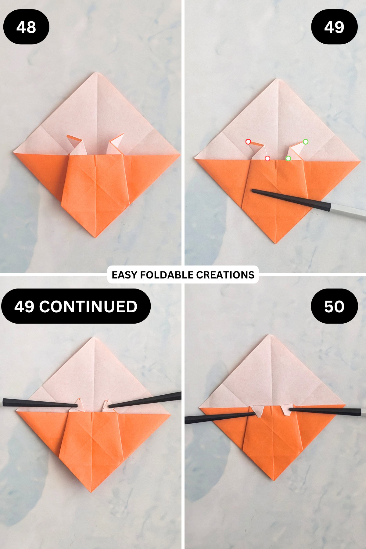 Steps 48 to 50 for folding an origami ghost in pumpkin.