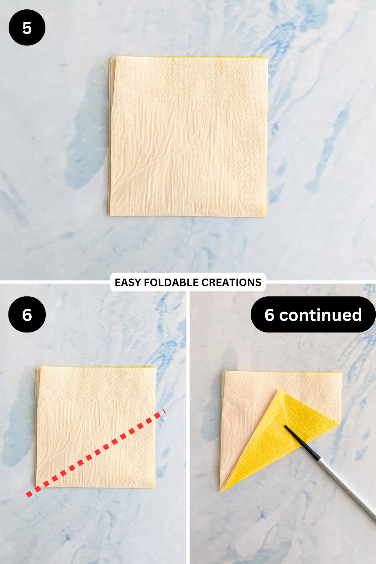 Steps 5 to 6 for folding a diamond pouch napkin fold.