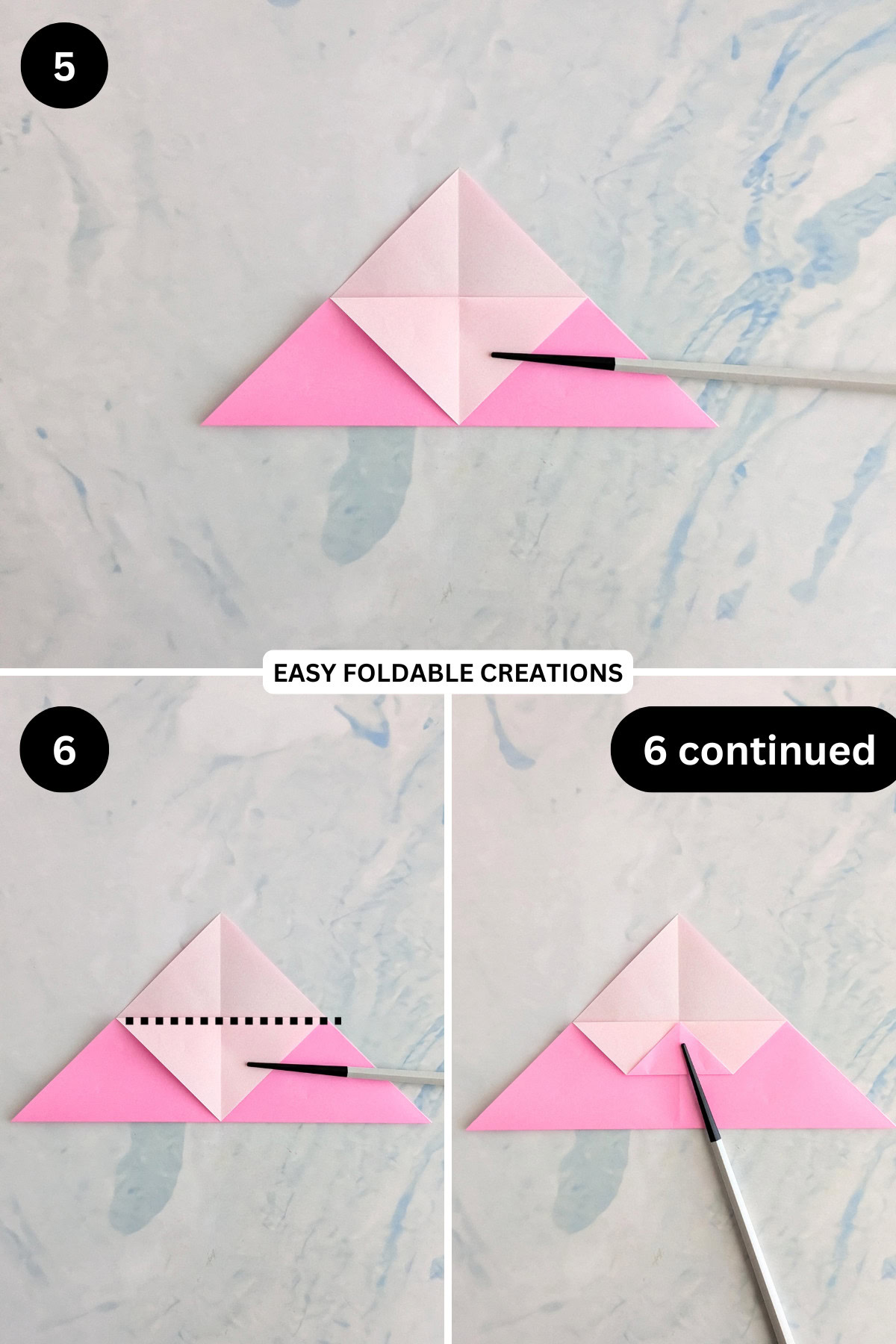 Steps 5 to 6 for folding an origami chicken in egg.