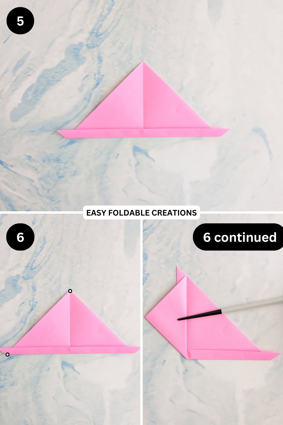 Steps 5 to 6 origami rabbit face.