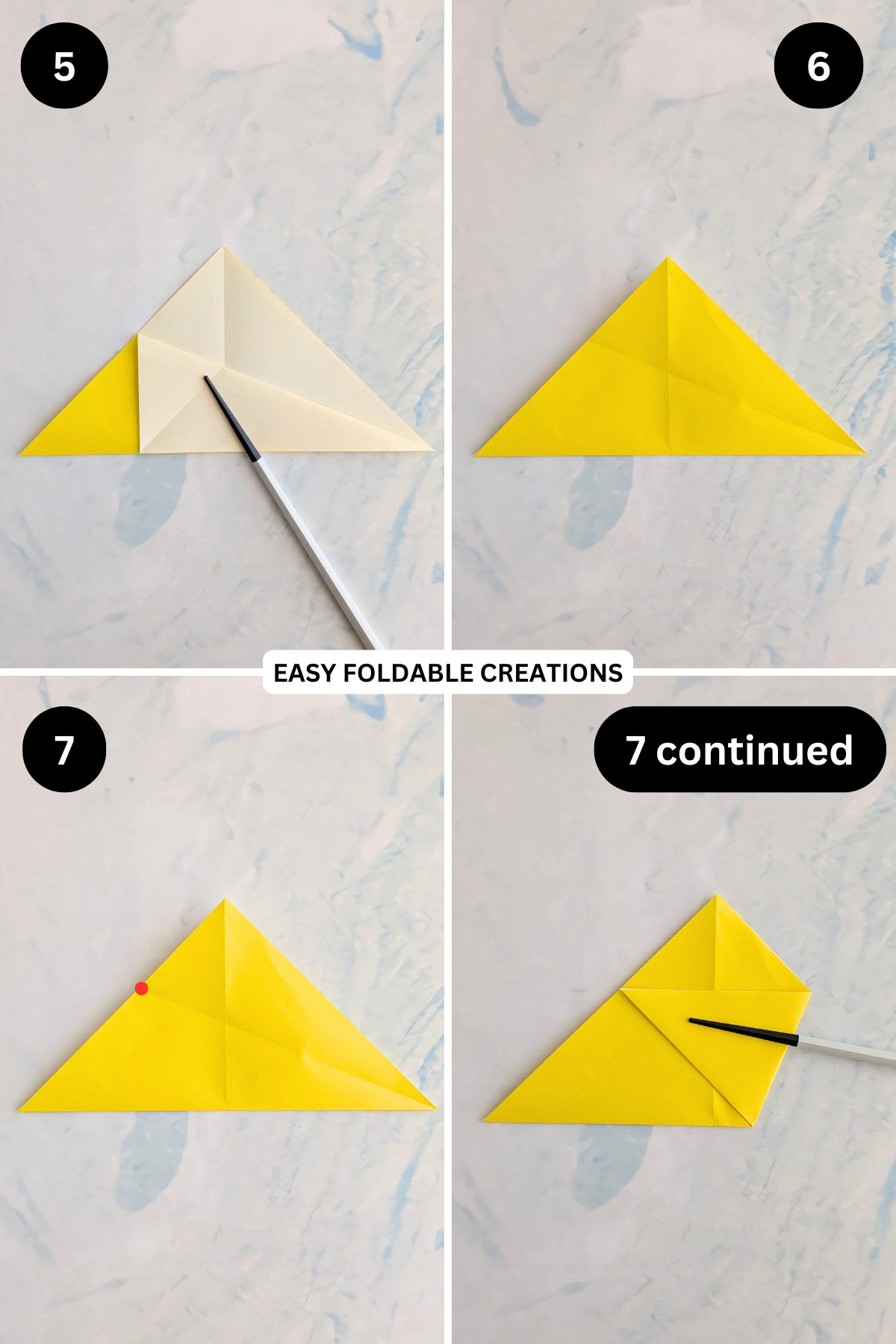 Steps 5 to 7 for folding an origami chicken.