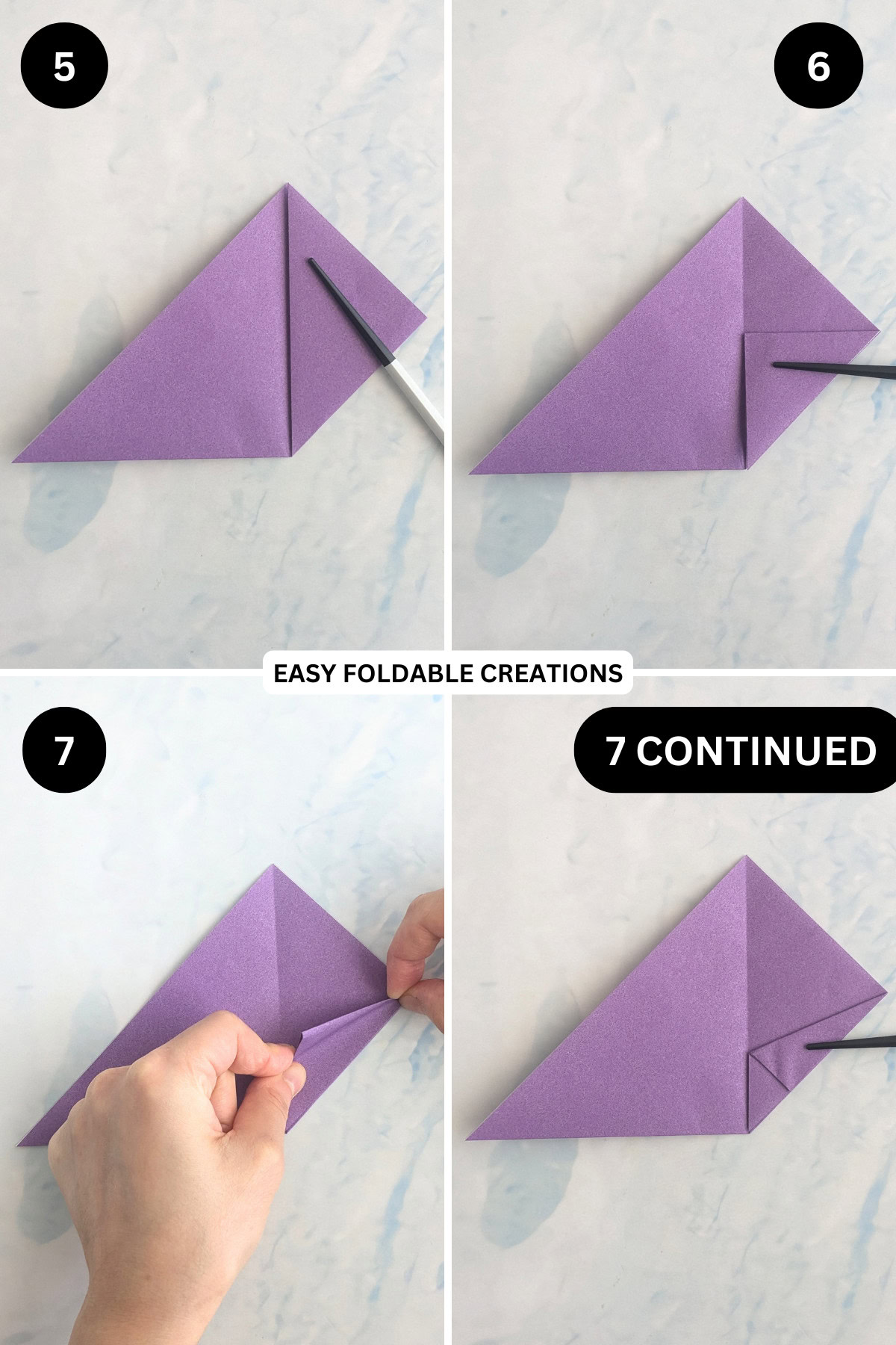 Steps 5 to 7 for folding an origami bat.