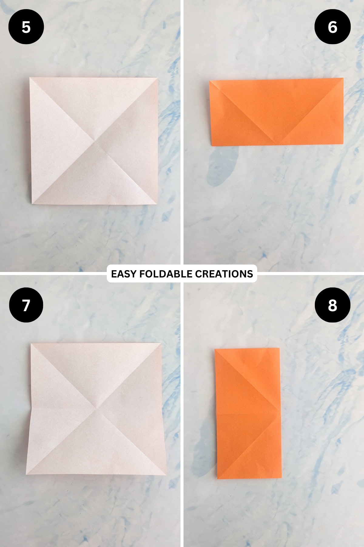 Steps 5 to 8 for folding an origami ghost in pumpkin.