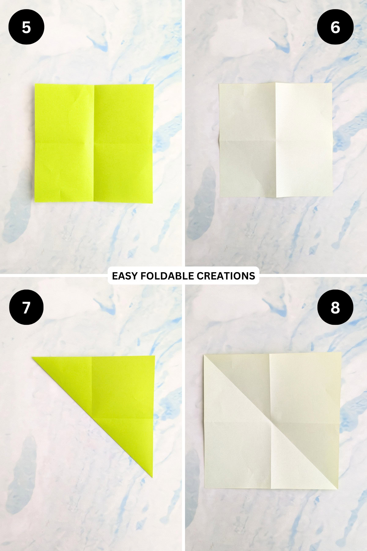 Steps 5 to 8 for folding a pleated DIY paper gift bag.