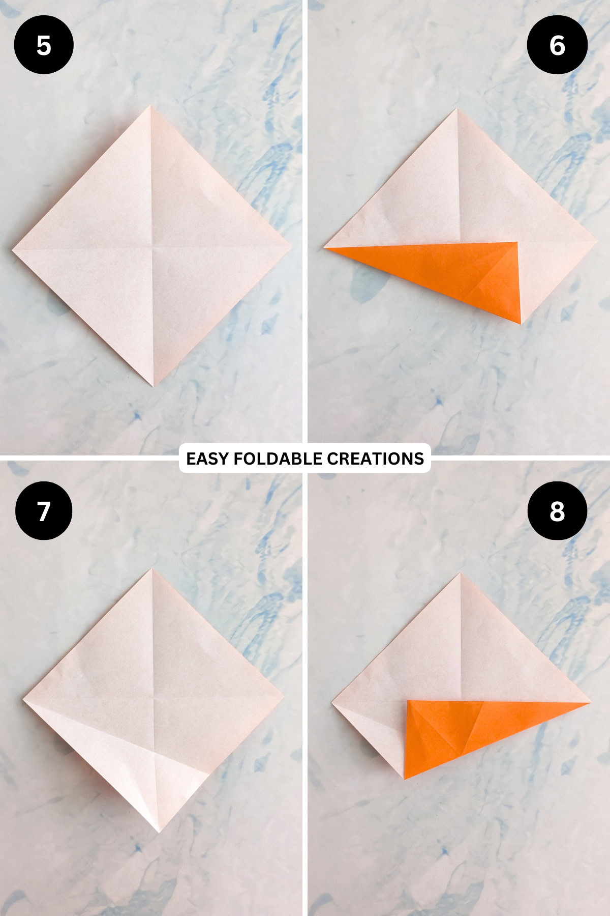 Steps 5 to 8 for folding a rabbit ear fold.