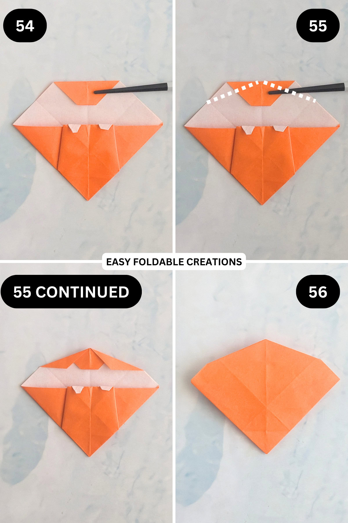 Steps 54 to 56 for folding an origami ghost in pumpkin.
