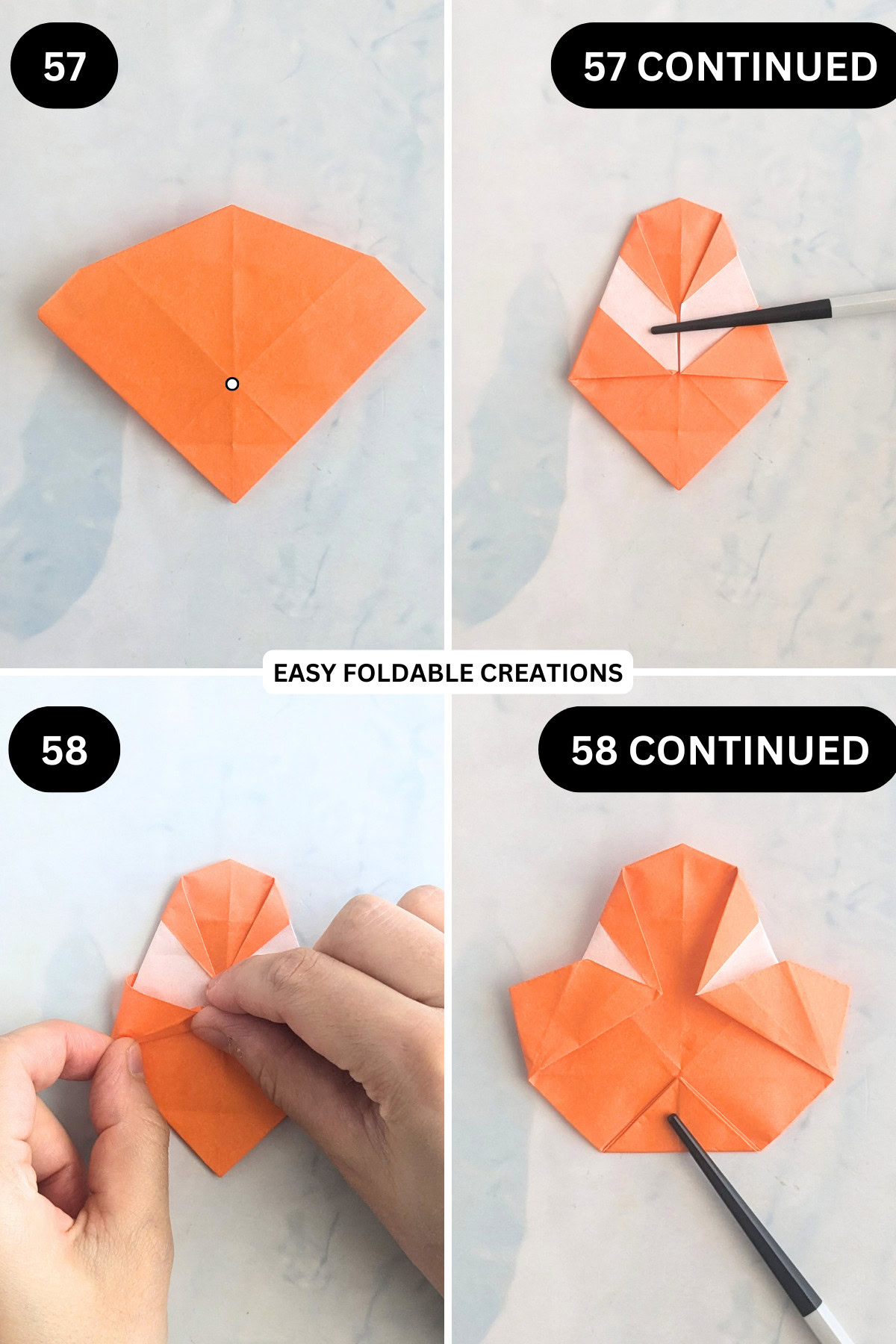 Steps 57 to 58 for folding an origami ghost in pumpkin.