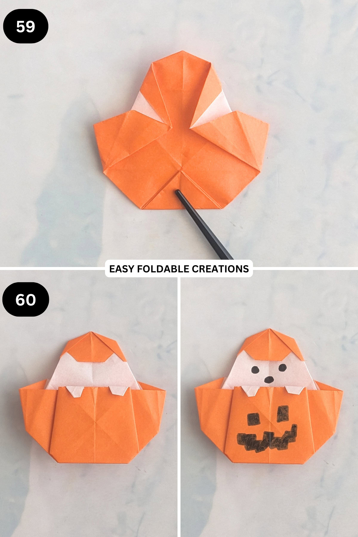Steps 59 to 60 for folding an origami ghost in pumpkin.