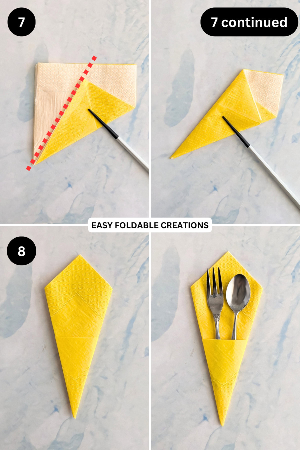 Steps 7 to 8 for folding a diamond pouch napkin fold.