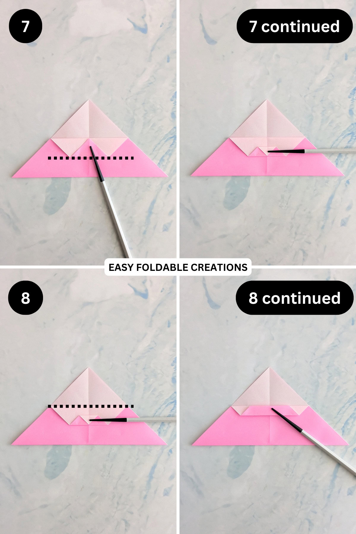Steps 7 to 8 for folding an origami chicken in egg.
