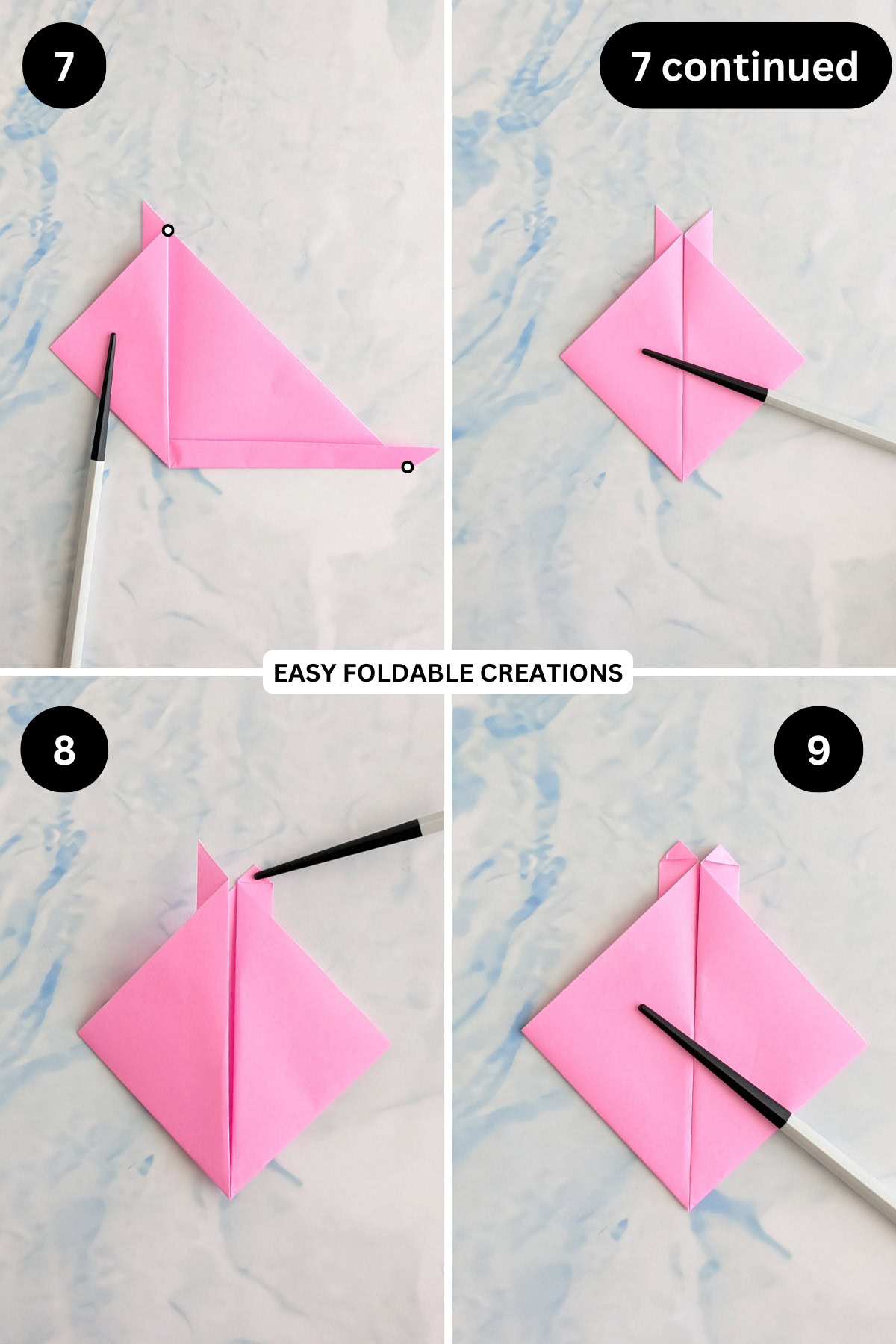 Steps 7 to 9 origami rabbit face.