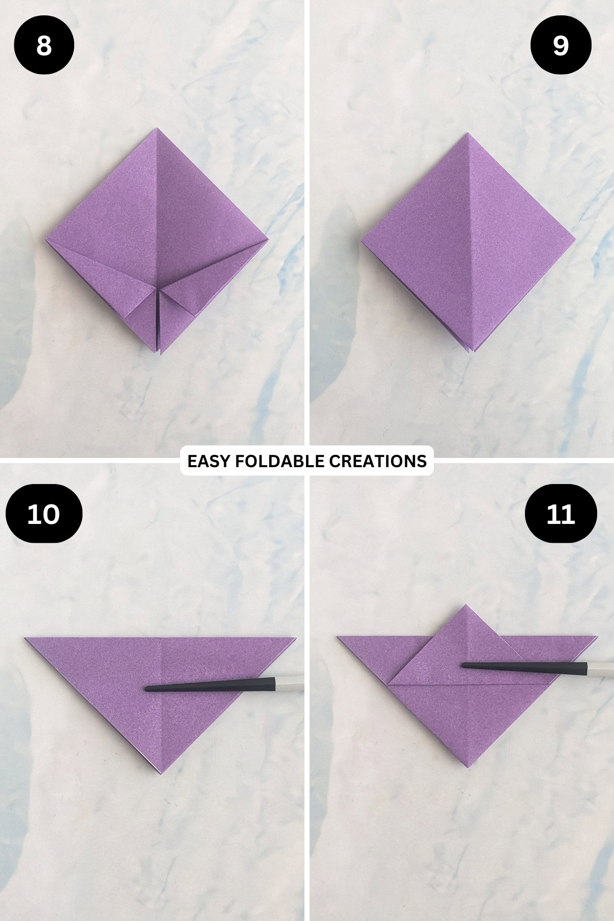 Steps 8 to 11 for folding an origami bat.