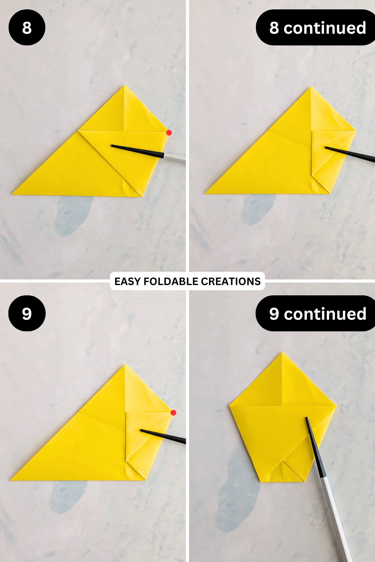 Steps 8 to 9 for folding an origami chicken.