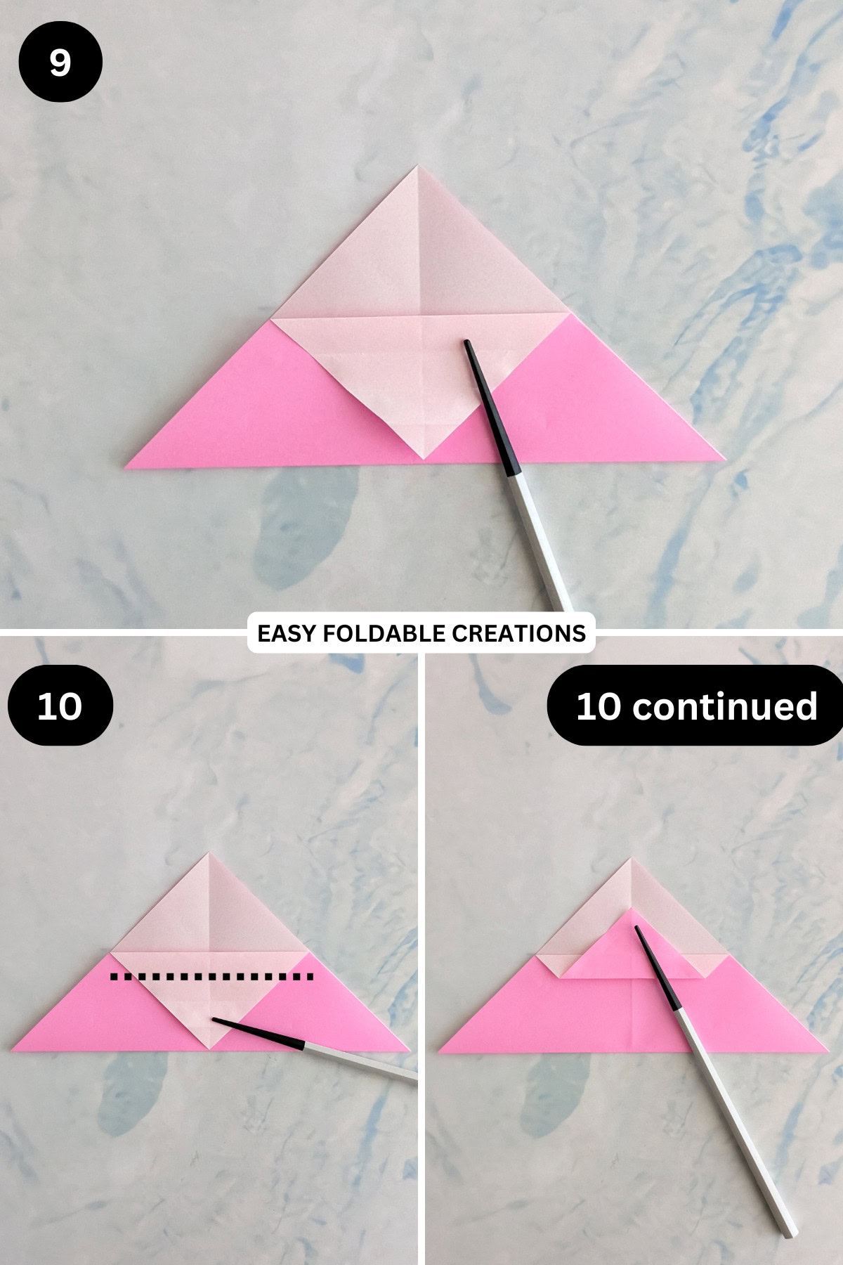 Steps 9 to 10 for folding an origami chicken in egg.